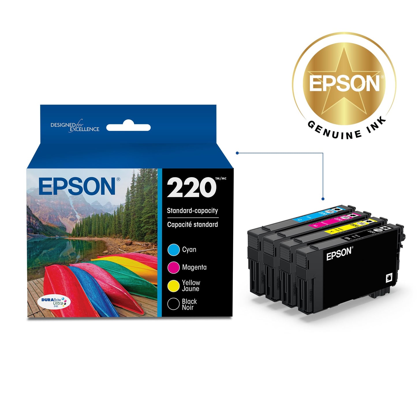 Epson T220120-BCS 220, Black and Colour Ink Cartridges, C/M/Y/K 4-Pack