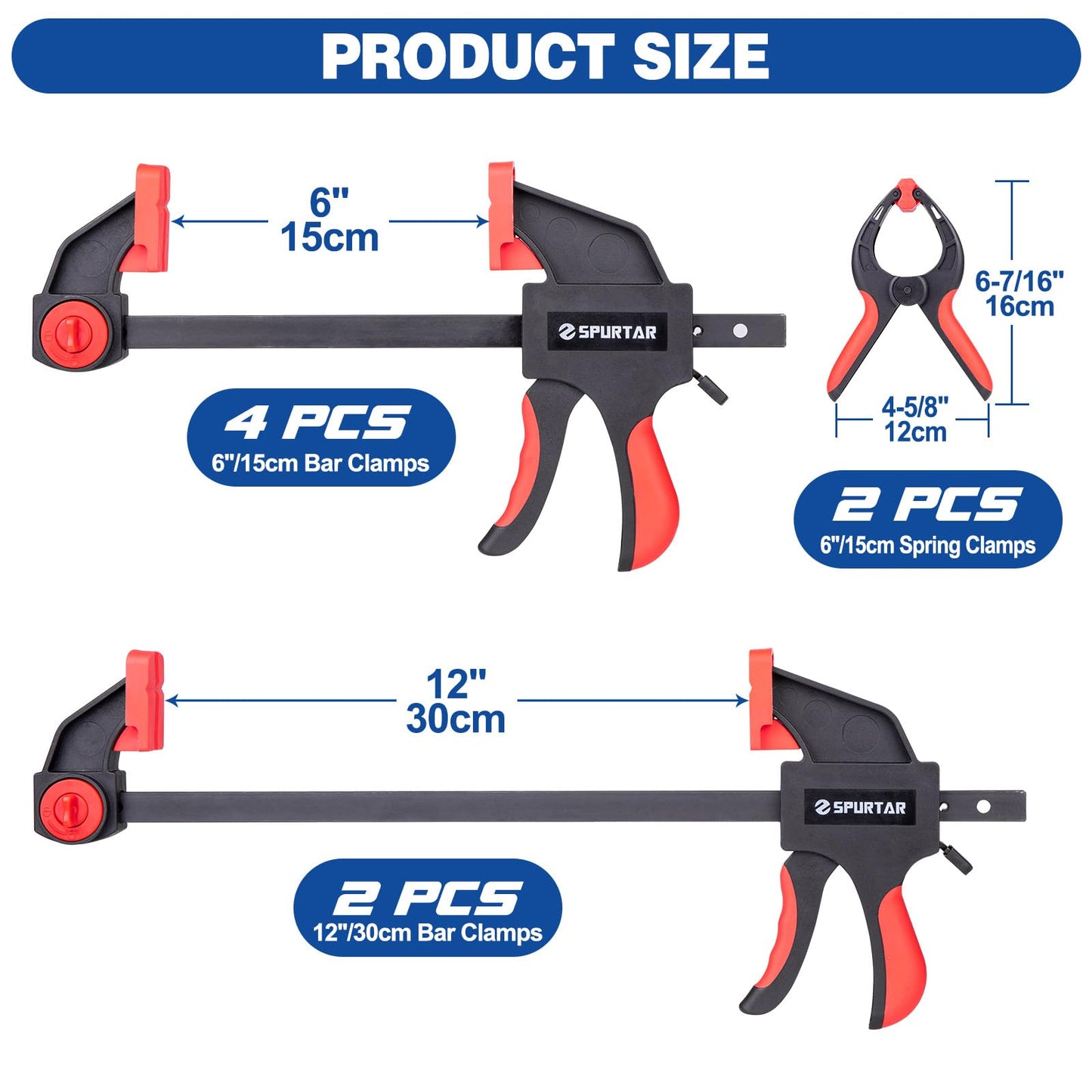 Spurtar 8pcs Clamps for Woodworking 6" and 12" Wood Clamps 6" Spring Clamps Quick-Release Bar Clamps Heavy Duty Trigger Clamp Spreader Wood Clamps for Woodworking Metalworking DIY Household Projects