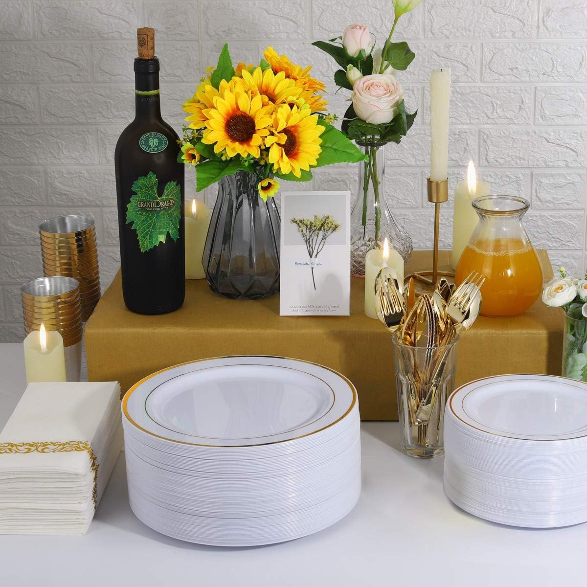 I00000 102 Pieces Gold Plastic Plates, Disposable Party Plates White Gold Rim, 51 Heavy Duty Dinner Plates 10.25 Inch and 51 Disposable Dessert Appetizer Elegant Fancy Wedding Plates 7.5 Inch