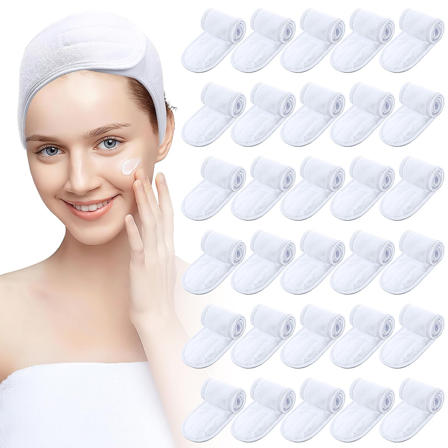 30 Pack Spa Headband Facial Esthetician Hair Wrap for Women Adjustable Makeup Sports Shower Stretch Towel with Tape