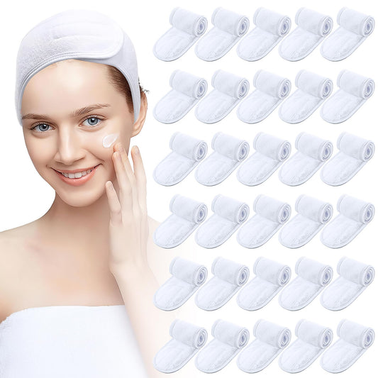 30 Pack Spa Headband Facial Esthetician Hair Wrap for Women Adjustable Makeup Sports Shower Stretch Towel with Tape
