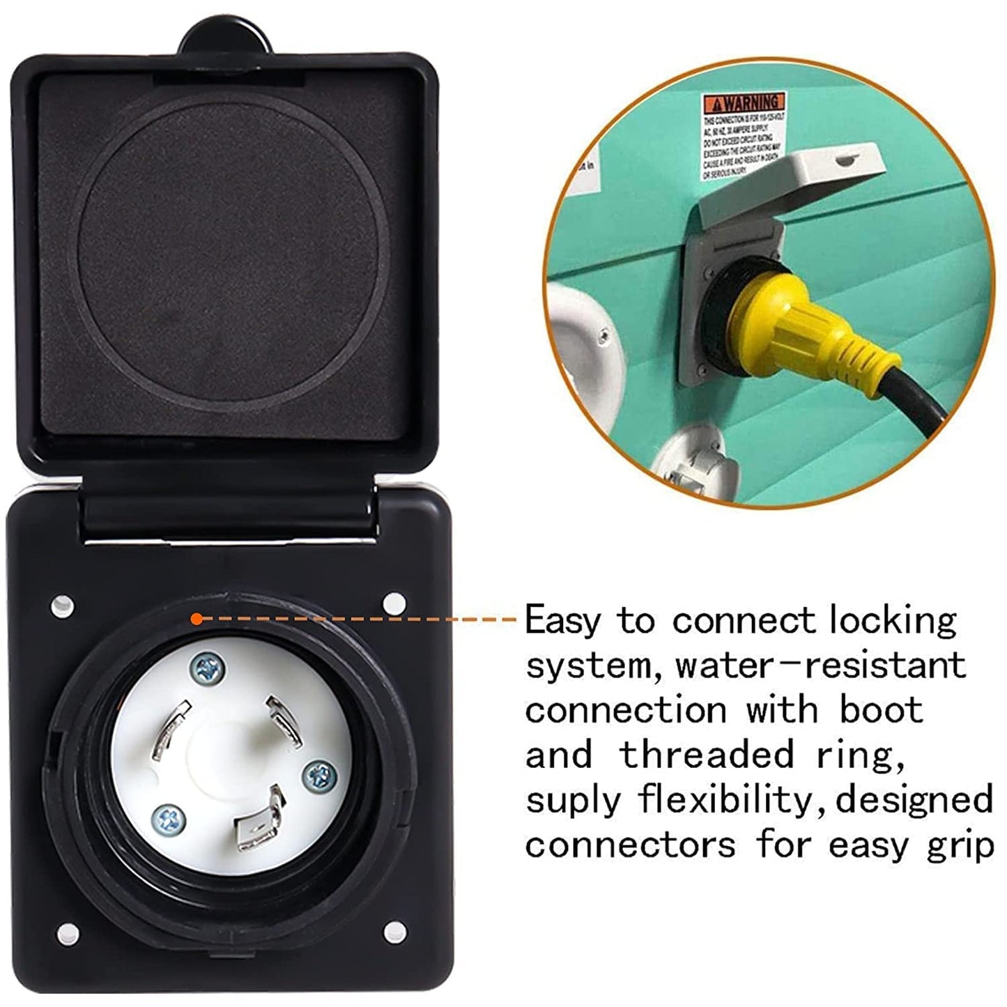 30Amp RV Power Inlet Kit, Including RV Power Inlet Receptacle, Female Twist Lock Adapter and Yellow Weatherproof Cover Boot, 125V RV Power Inlet Plug for RV Camper Trailer Boat Caravan Truck Yacht