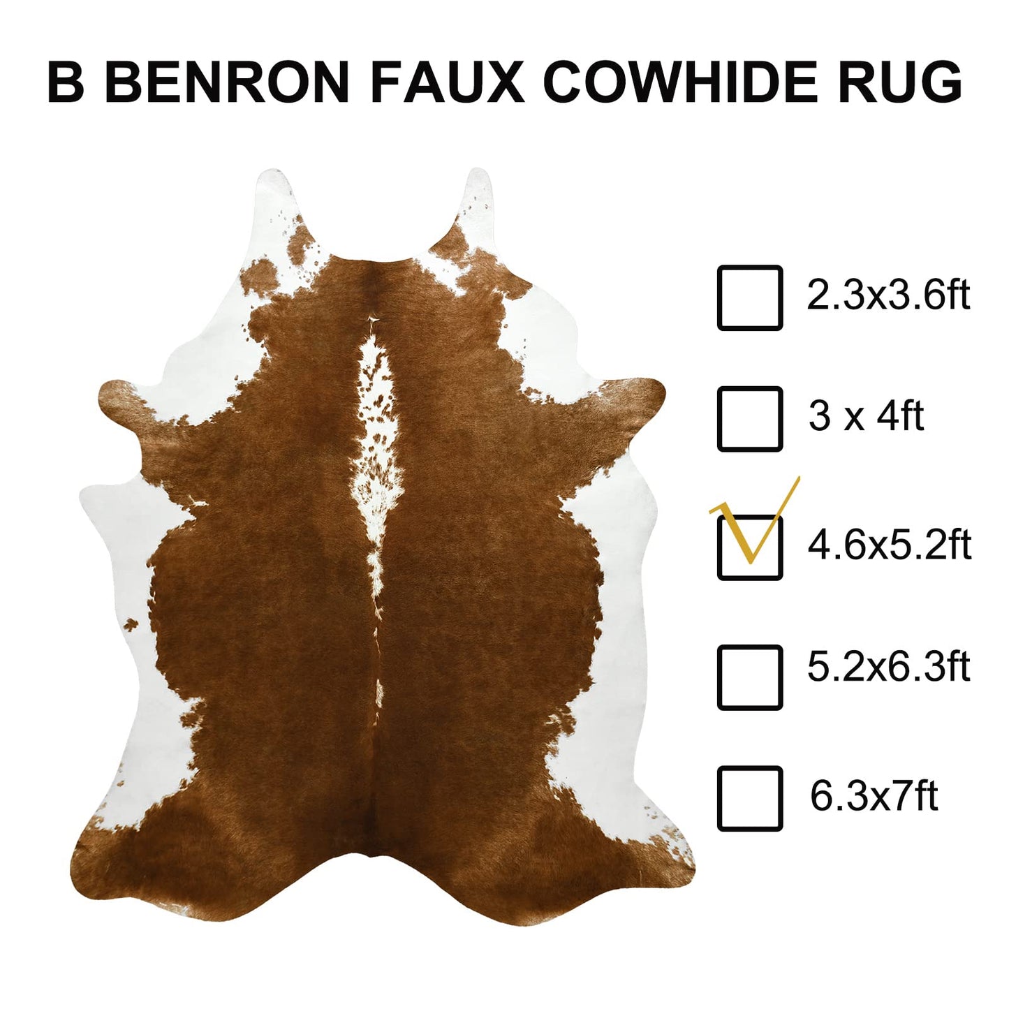 BENRON Faux Cowhide Rug Cow Print Rugs Western Decor Animal Rugs for Living Room Bedroom, Kahqi(140x158cm,55x62in)