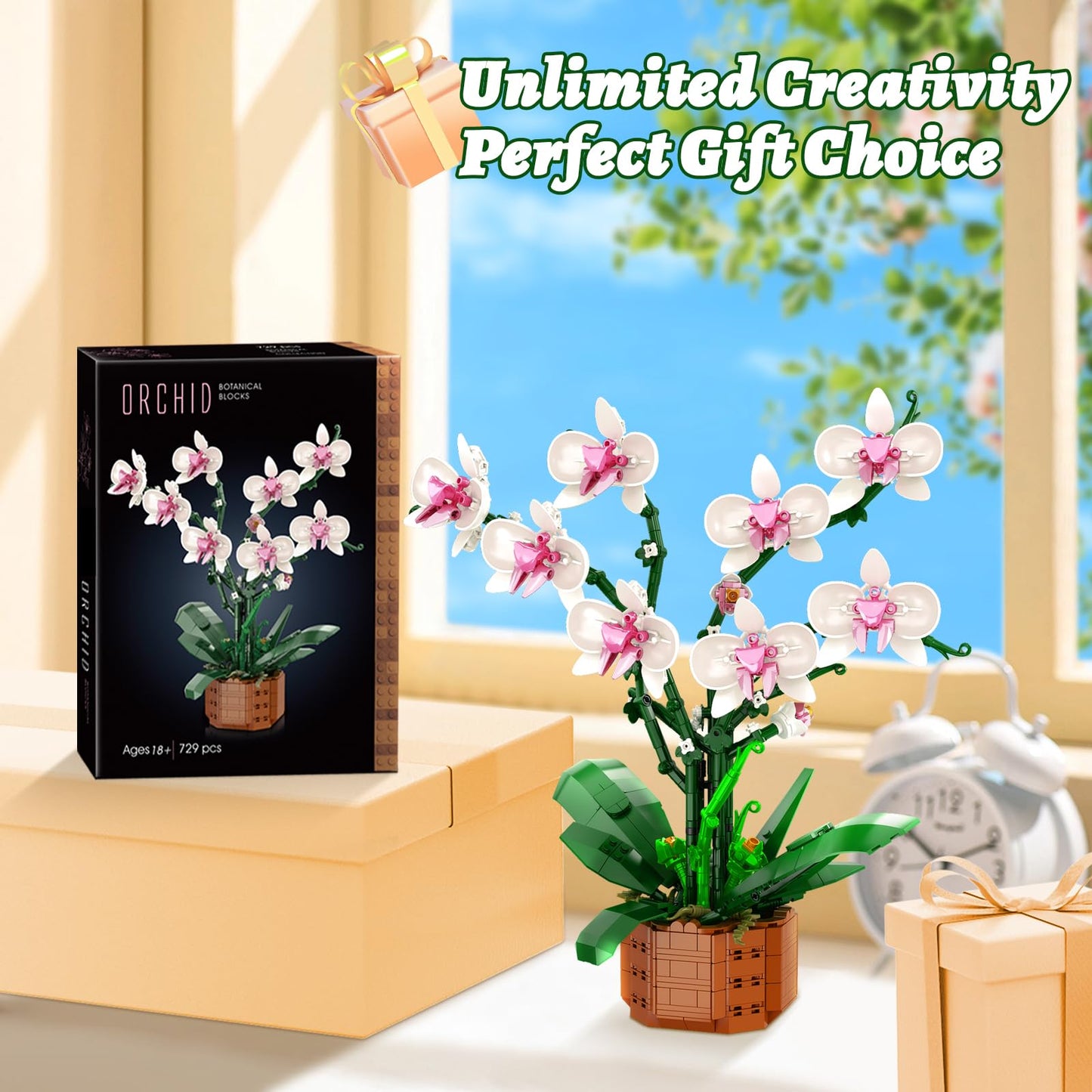 Bilinott Flower Building Blocks Set, 729 PCS Orchid Toy Building Sets with LED Light, Artificial Plant Building Blocks Kit for Ages 6+ Kids and Adults, Best Gift Idea for Building Blocks Enthusiasts