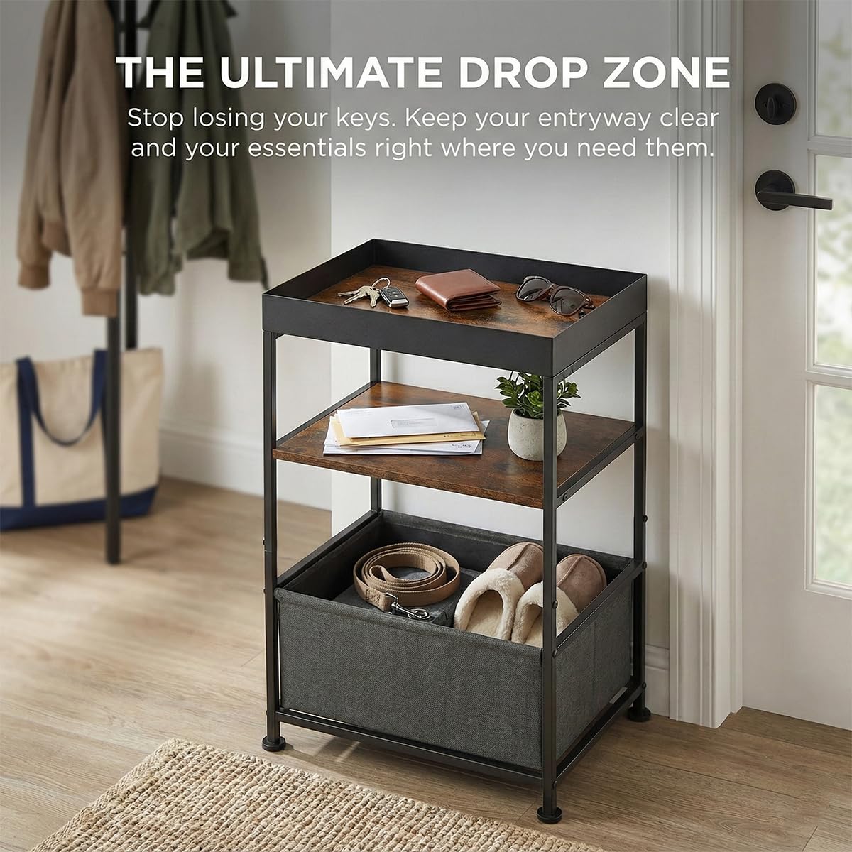 ZEXVIDA Industrial Narrow Side Table with Storage, 3 Tier End Table with Fabric Bin & Tray Top for Living Room, Narrow Nightstand Slim Bedside Table for Bedroom, Small Spaces, Rustic Brown
