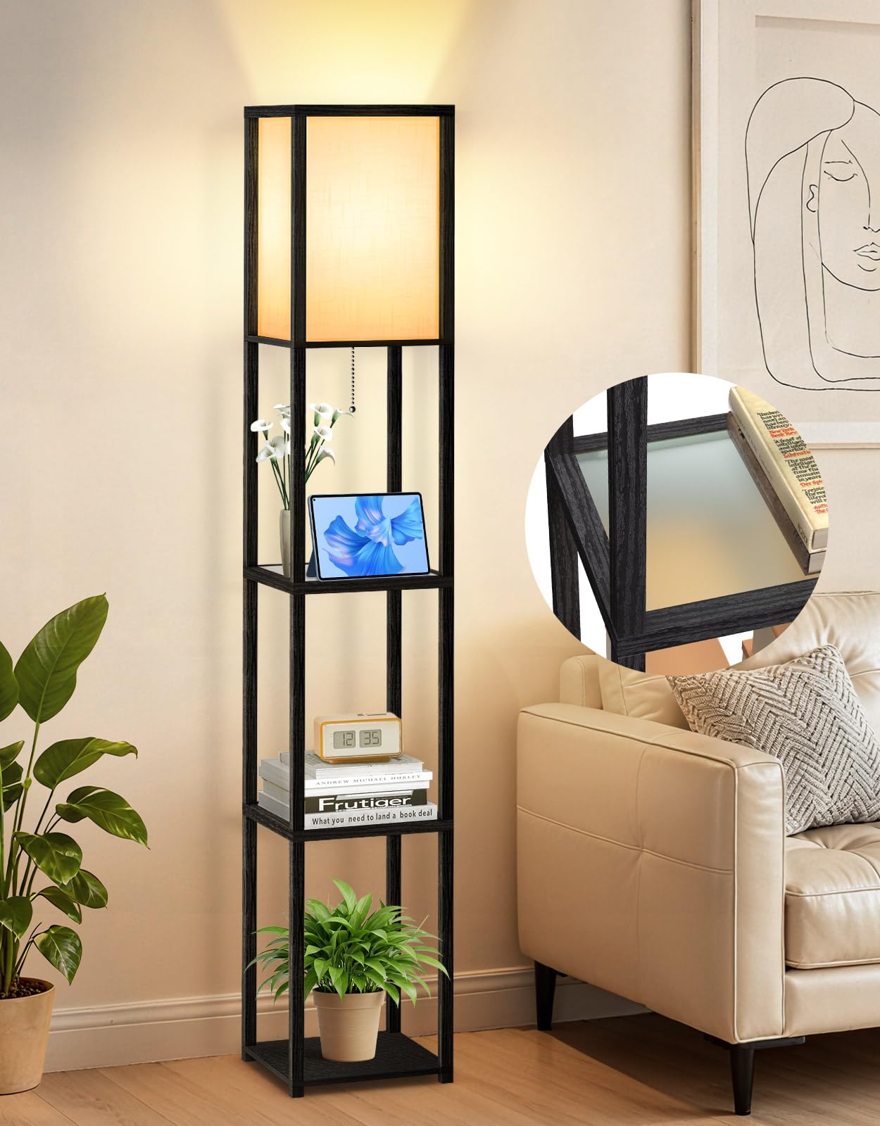 OUTON Floor Lamp with Glass Shelves, 12W LED Bulb, Large Storage Display Wood Shelf Lamp 3 Color Temperature, LED Tall Standing Modern Bookshelf Lamps for Living Room, Bedroom, Office, Black