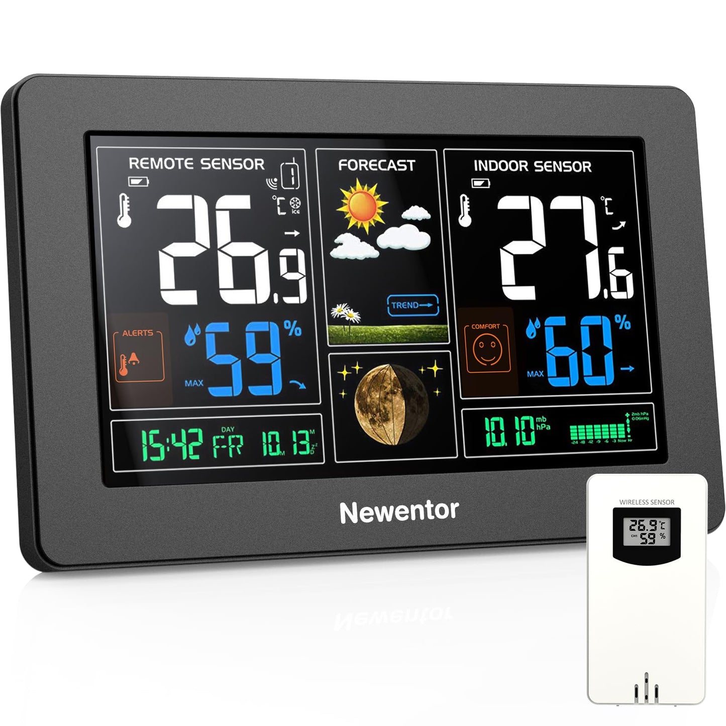 Newentor Weather Station Wireless Indoor Outdoor Thermometer, 7.5in Large Temperature Humidity Monitor, Forecast Station with Barometer, USB Output Port and Adjustable Backlight, Black, 1 Sensor