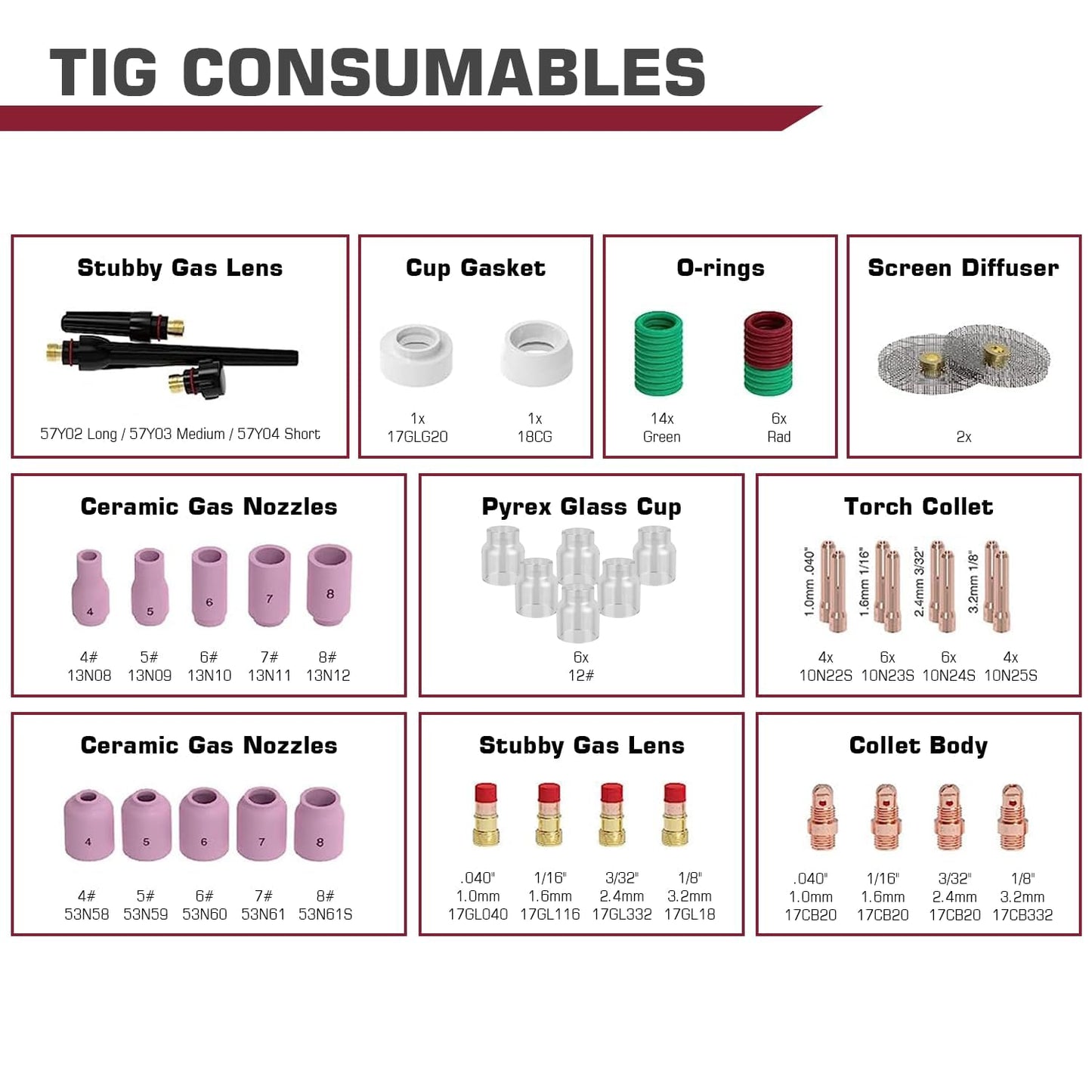 ARCCAPTAIN TIG Welding Torch Accessories kit 71 Pcs Alumina Nozzle Collets Body Stubby Gas Lens #12 Glass Cup consumables Kit for WP-17/18/26-Black