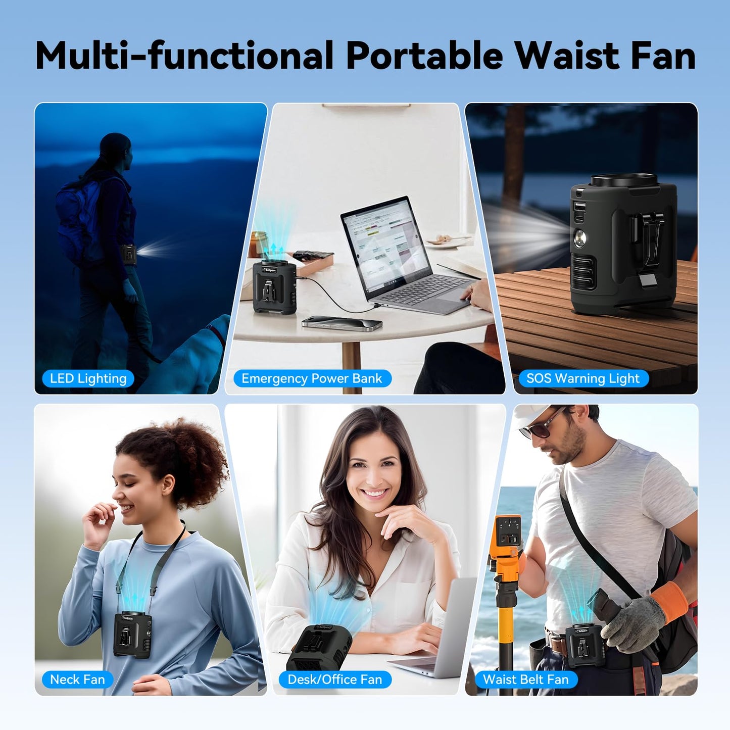 Portable Waist Fan Rechargeable Waist Clip Fan 12000mAh,6 Speeds 16000RPM Strong Airflow Personal Fans with Max 30H Working Time,Hands-Free Hanging Neck Fan,Wearable Belt Fans for Outdoor/Jobsite