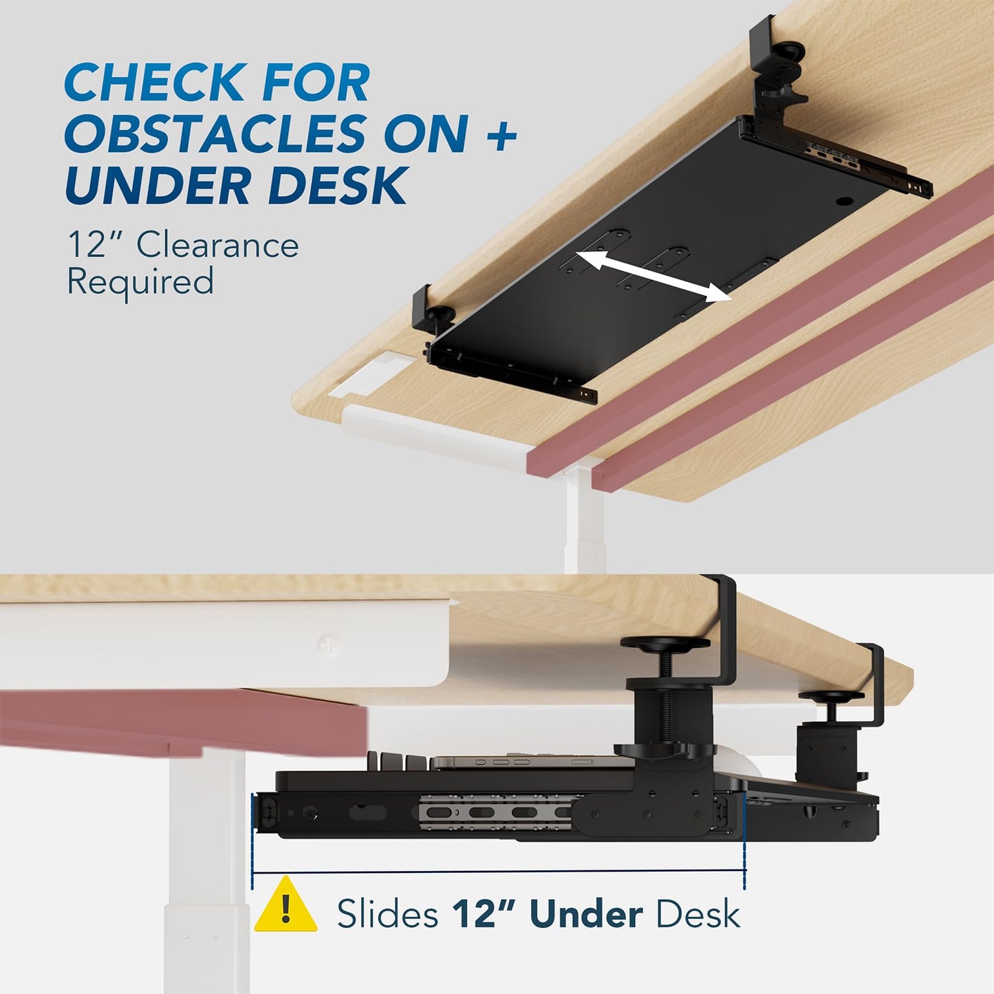 AX WABER Keyboard Tray Under Desk Pull Out with Extra Sturdy Adjustable C Clamp Mount System, 27.3 (32.5 inch Including Clamps) x 11 Inch Slide-Out Platform Computer Drawer for Typing