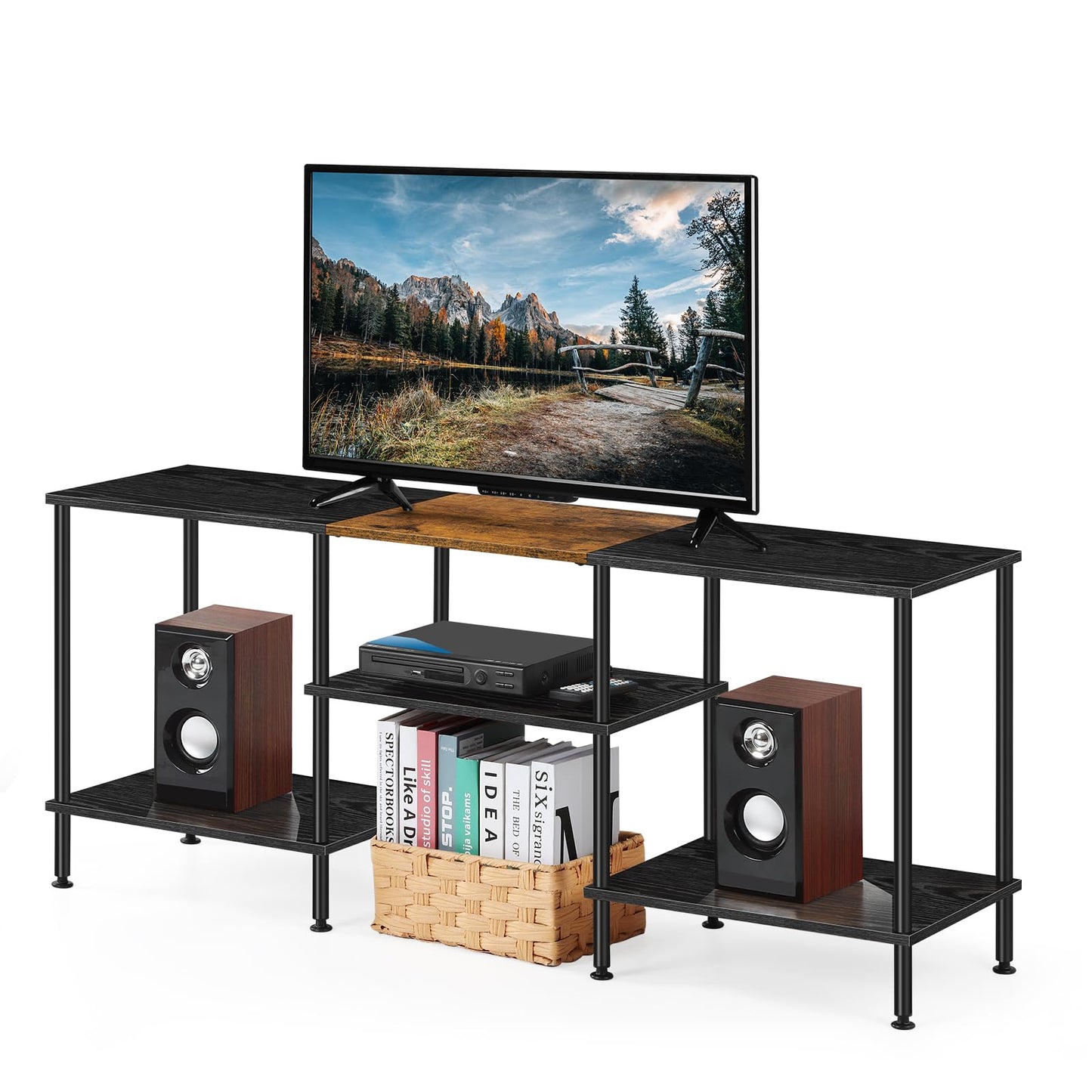 BTY 50 inch TV Stand 3 Tier Entertainment Center with Storage Shelves Small Tall Television Console Table with Metal Frame, Industrial TV Cabinet for Living Room Bedroom, Black