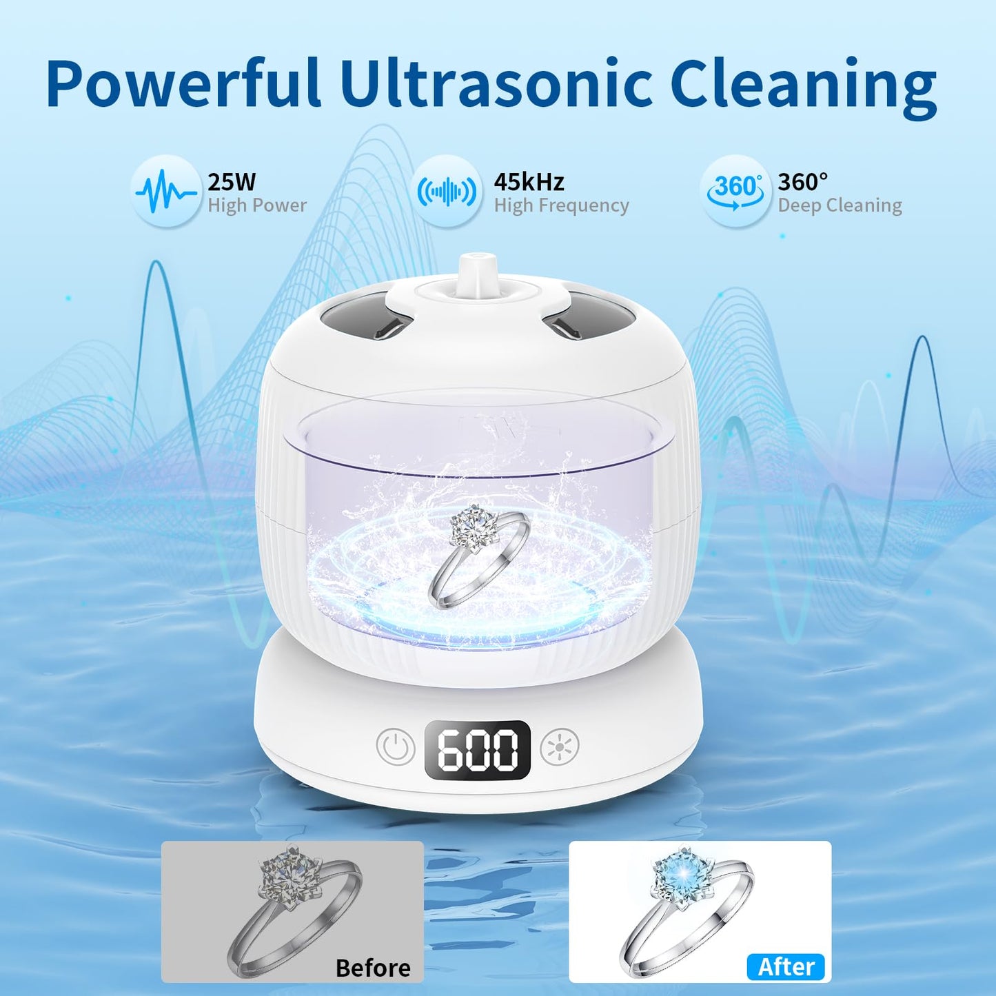 2025 Upgraded Ultrasonic Retainer Cleaner Machine,Separate Retainer Cleaner for Night Guards, Braces, Aligner, Jewelry, 4 Modes Denture Cleaner & Removable Base and Top Cover(White)