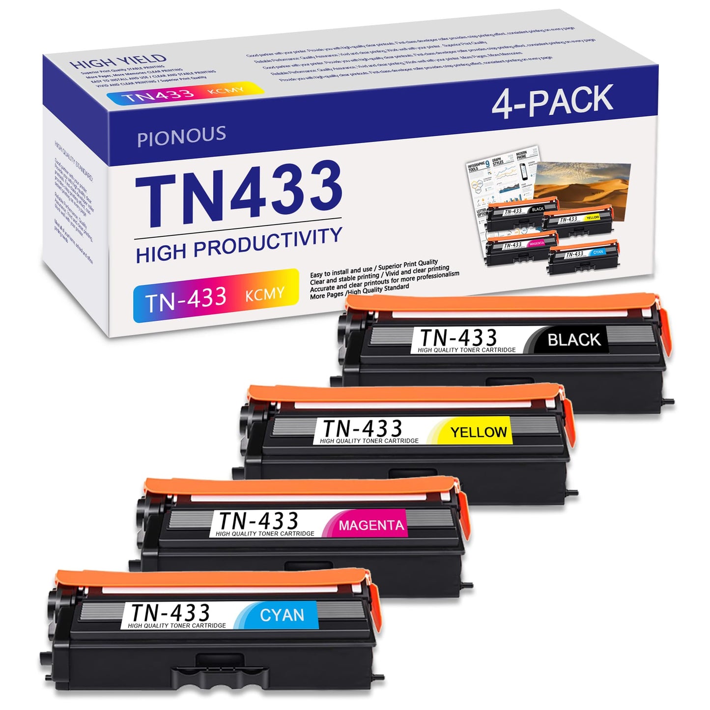 TN-433 TN433 Toner Cartridge High Yield Replacement for Brother TN433BK TN433C TN433Y TN433M HL-L8260CDW L8360CDW L9310CDW MFC-L8610CDW L8690CDW L8900CDW L9570CDW Printer Ink (BK/C/M/Y,4PK)