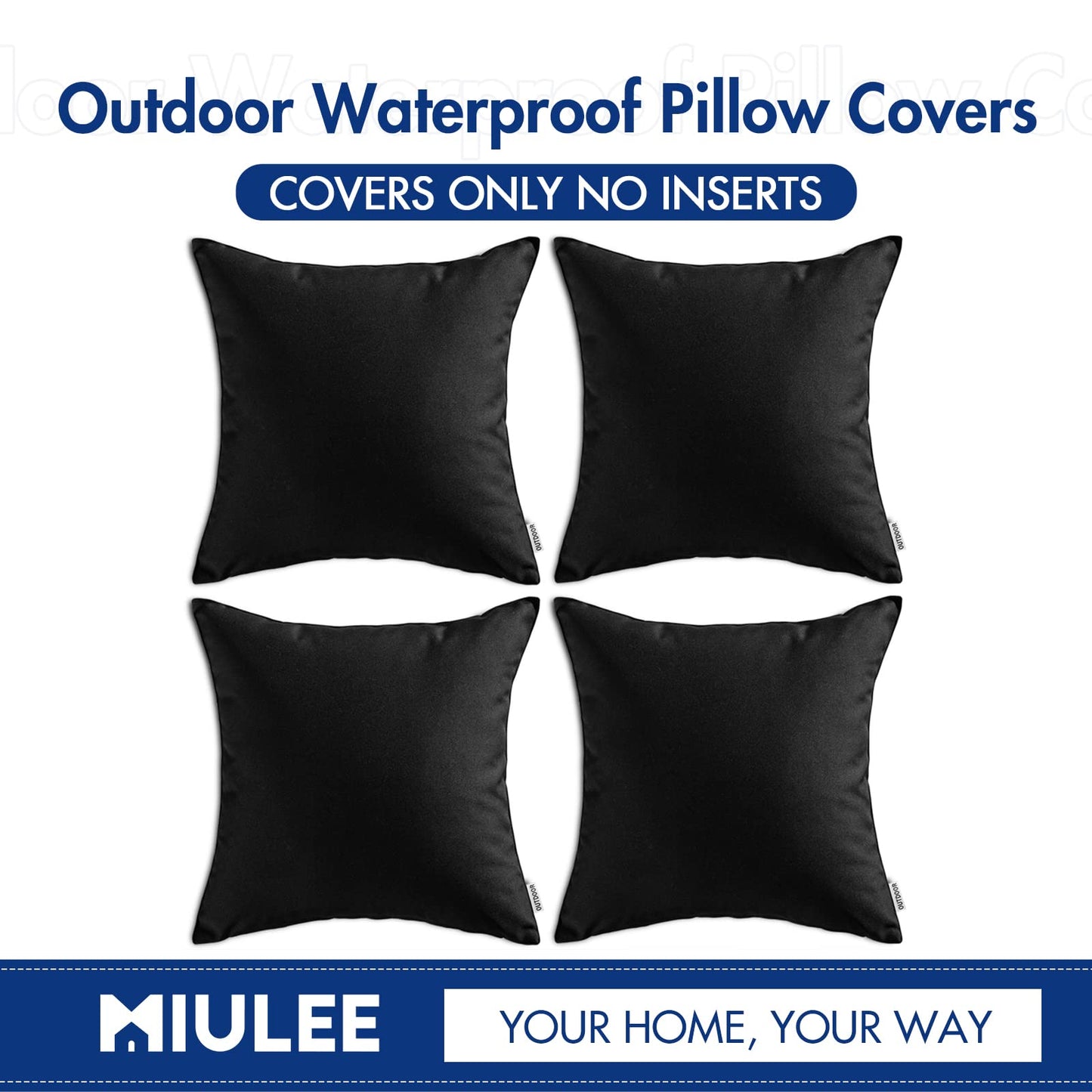 MIULEE Pack of 4 Decorative Outdoor Waterproof Pillow Covers Square Garden Cushion Cases PU Coating Throw Pillow Cover Shell for Tent Park Couch 20x20 Inch Black