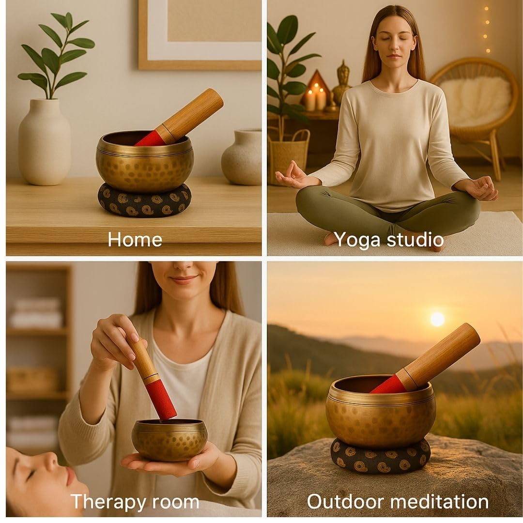 Tibetan Singing Bowl Set - Meditation Sound Bowl | Spiritual Gift for Women and Men Handmade Yoga Accessories (4" Hammered)