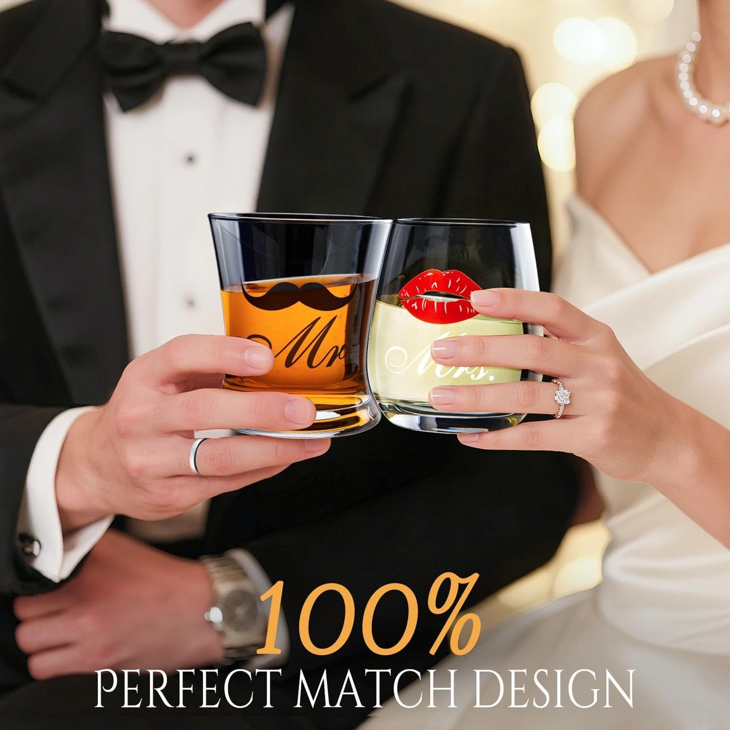 LIGHTEN LIFE Wedding Engagement Gifts for Couples,Bridal Shower Gift for Bride and Groom Newlyweds,Anniversary Mr and Mrs Whiskey Wine Glasses Set with Appron