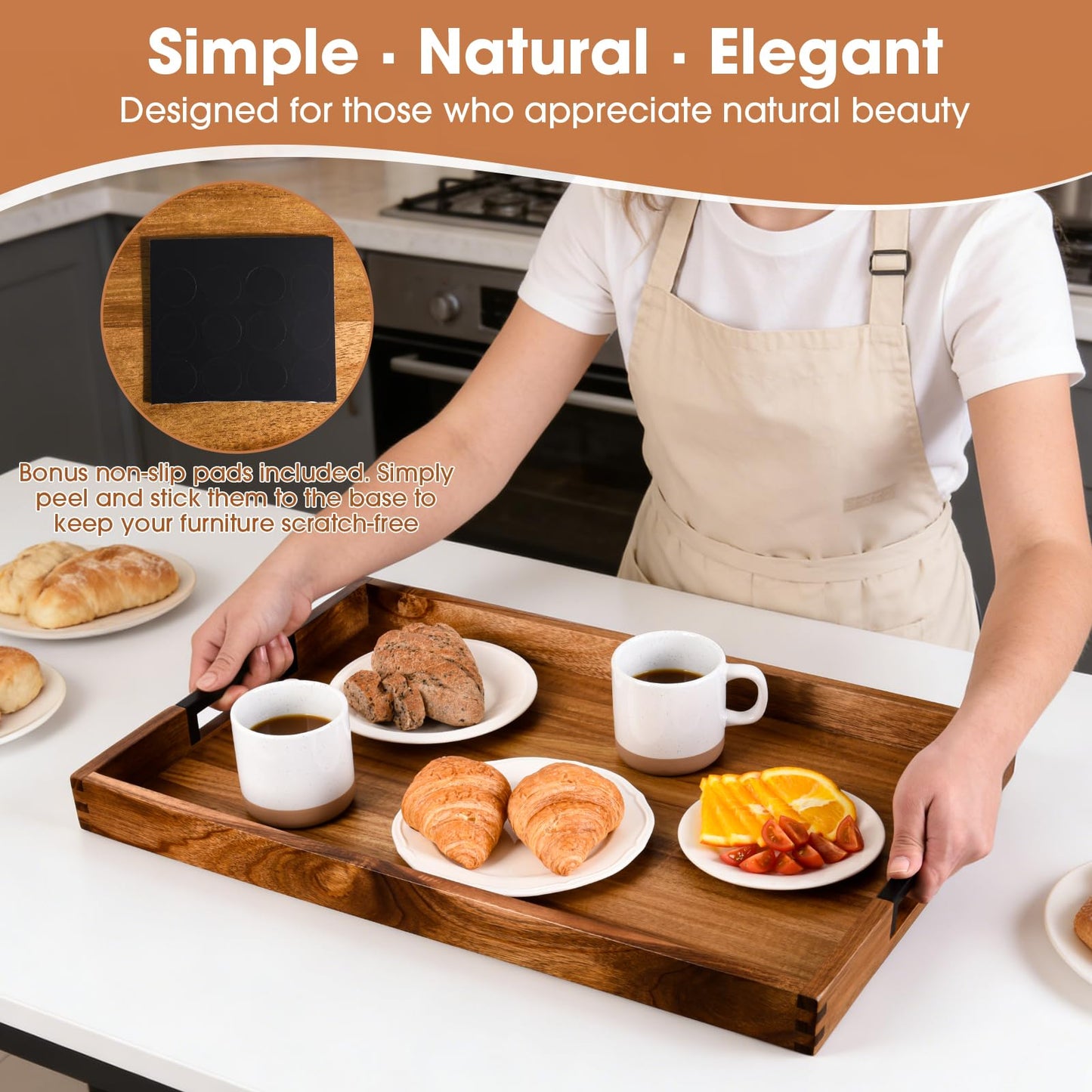 Large Ottoman Tray for Living Room and Coffee Table, Decorative Acacia Wood Serving Tray with Handles for Breakfast in Bed, Dinner Food Kitchen TV (Natural, 61 x 38 x 5 cm)