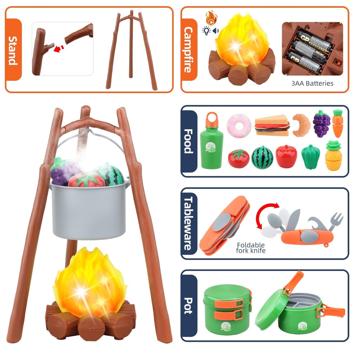 Kids Camping Set - MITCIEN Camping Gear Toys for Boys - Include Campfire/Oil Lamp/Pretend Food - Camping Set for Child Age 3 4 5 6 Year Old