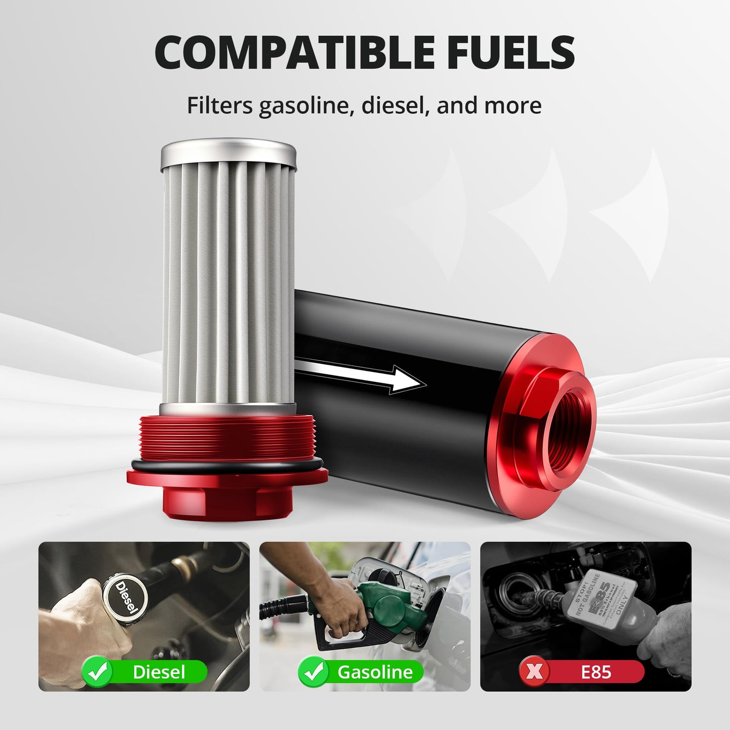 EVIL ENERGY Inline Fuel Filter 100 Micron with 6AN 8AN 10AN Adapter&Bracket Clamp 50MM Universal
