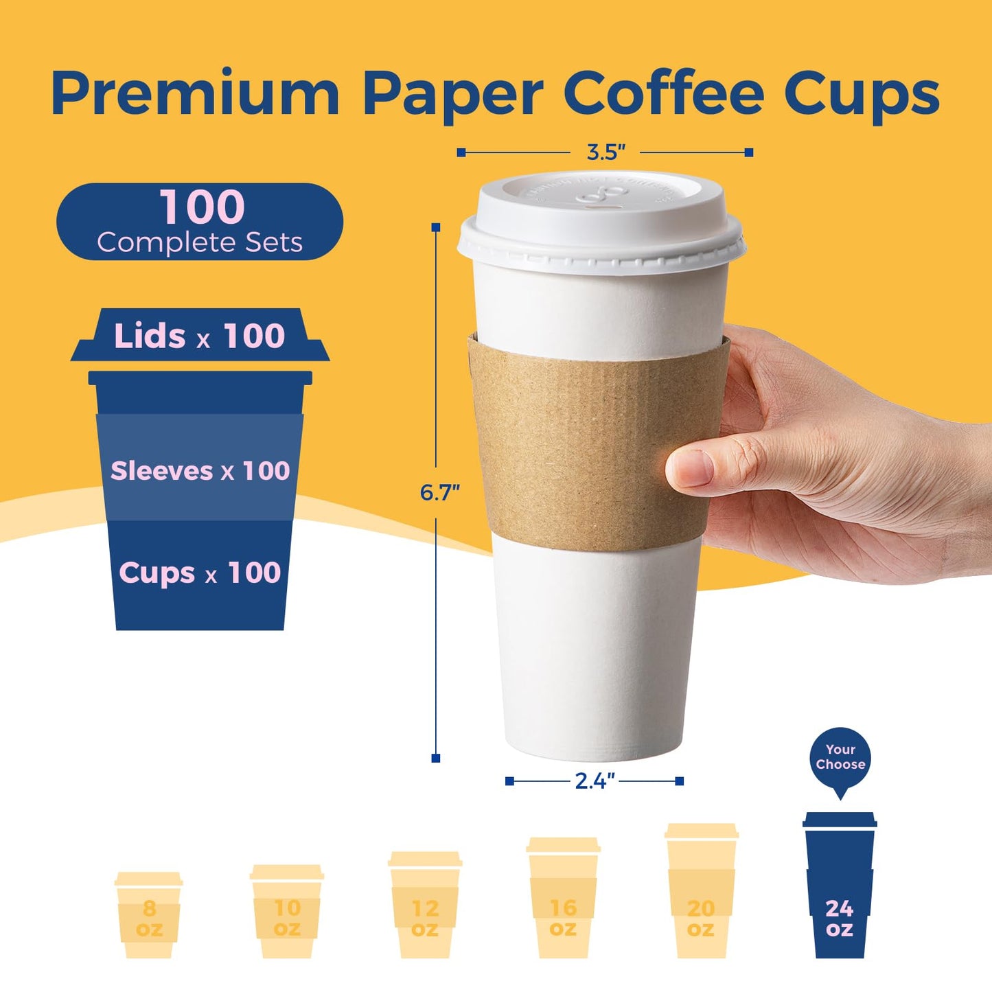 Fit Meal Prep 100 Pack 24 oz Disposable Coffee Cups with Lids, Sleeves, Leak-Proof To Go Coffee Cups, Durable Paper for Home, Office, Party, Business