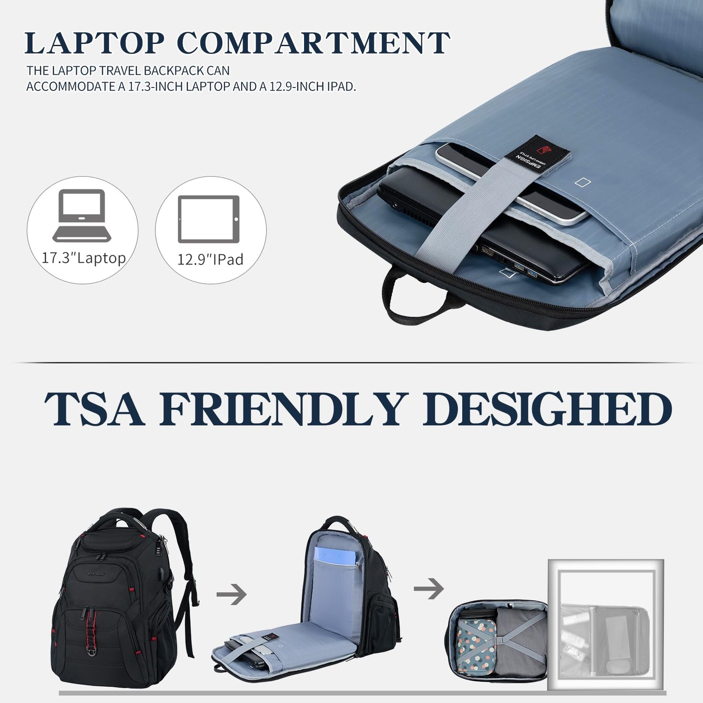 EMPSIGN Laptop Backpack 17.3 inch for Travel, Extra Large Laptop Backpack for Men Women, Water Resistant Backpack for School, TSA Friendly Anti Theft Business Work Bag with USB Charging Port, Black