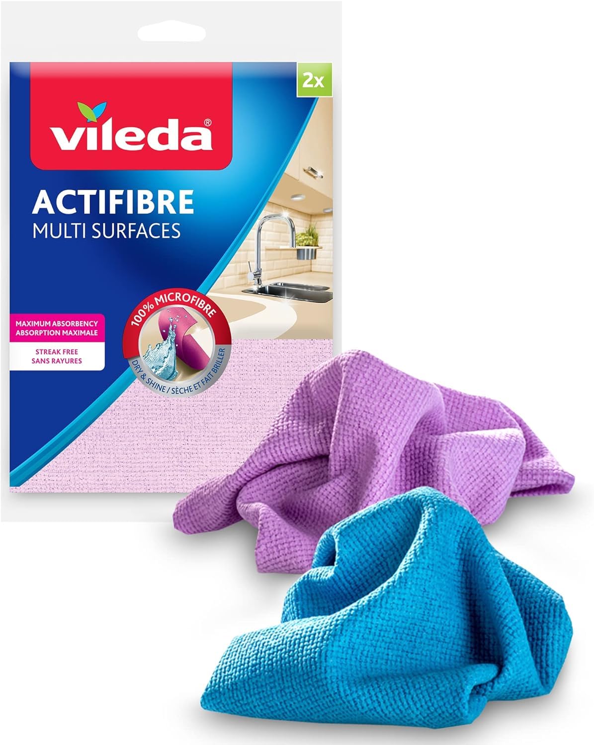 Vileda Actifibre Multi-Surface Microfibre Cloth 2ct (Pack of 12) | Streak-Free Shine | Use on Windows, Mirrors, Stainless Steel | Reusable & Machine-Washable