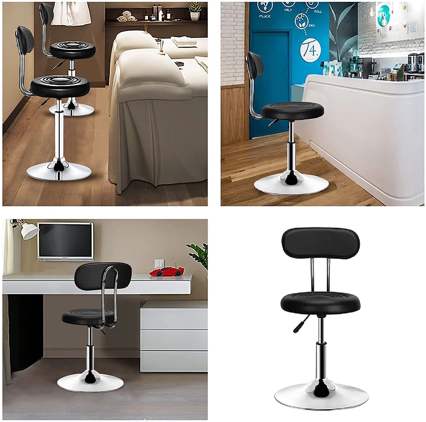 QiCheng&LYS PU Leather Round Office Stool Chair Adjustable Height Sit Stand 360° Swivel, for Office Home Kitchen Beauty Slip Wheelless Stool(Black with Backrest)