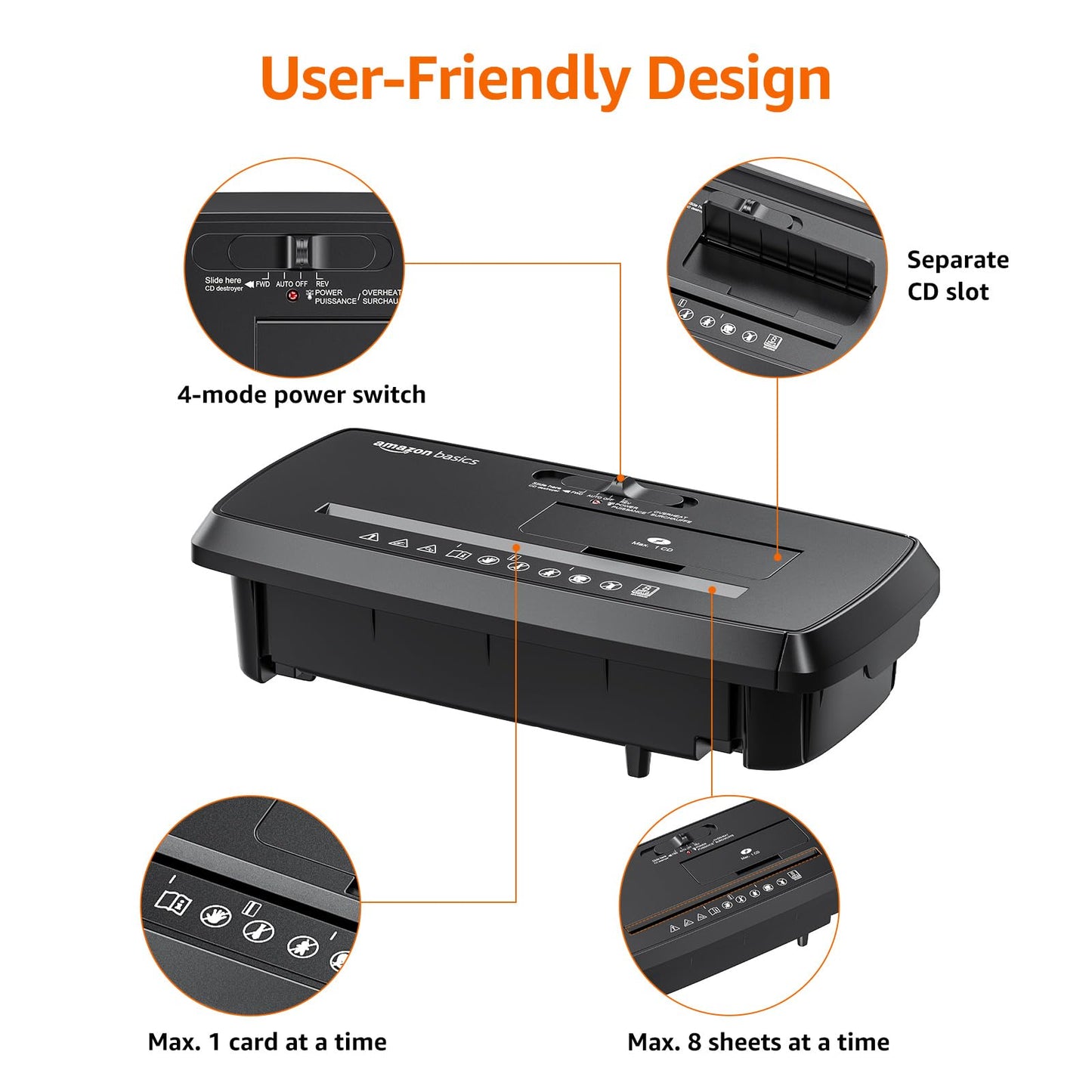 Amazon Basics 8-Sheet Strip-Cut Paper, CD, and Credit Card Shredder, Compact, No Basket