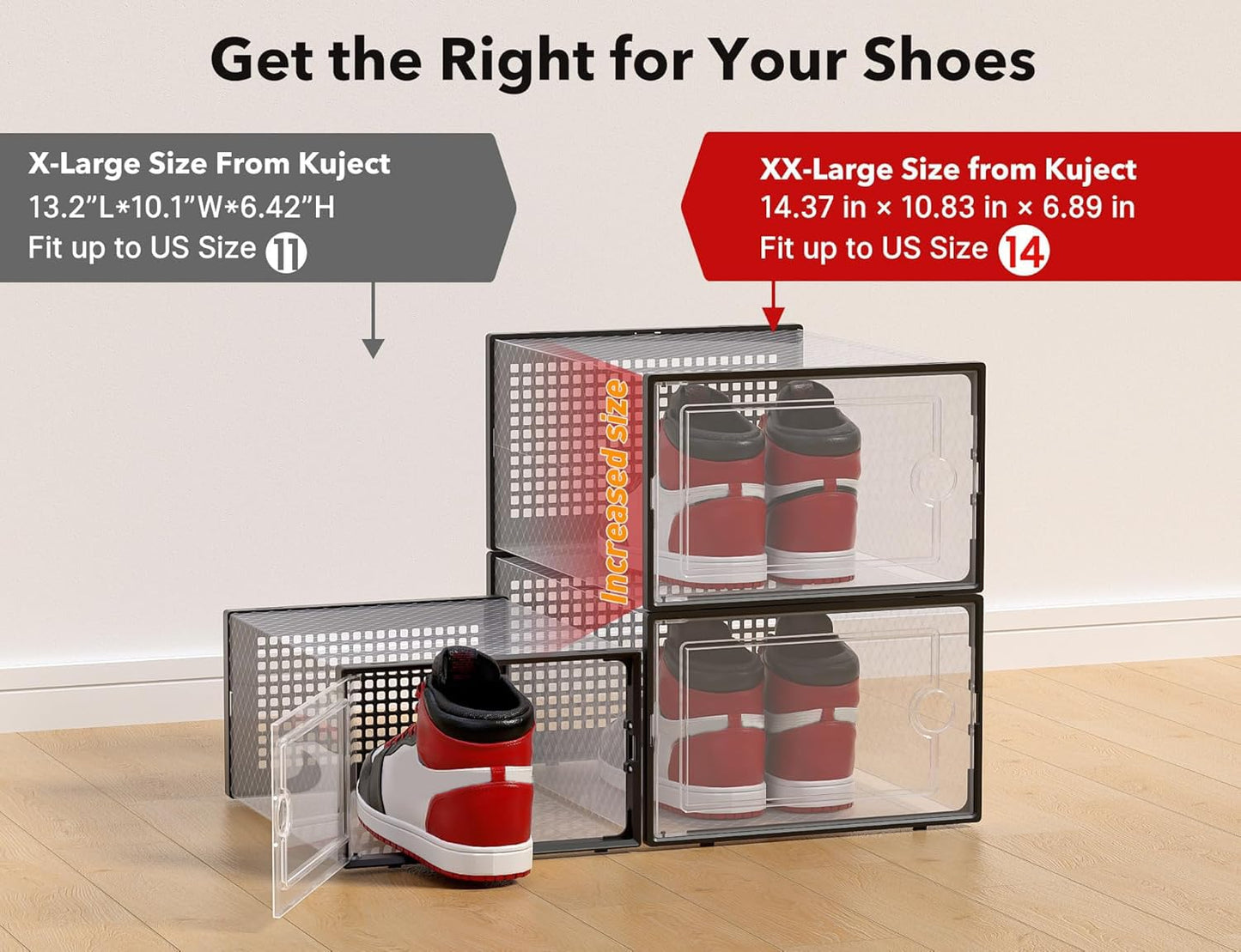 Kuject XX-Large Shoe Storage Boxes Organizers Fit Up to Size 14, Clear Plastic Stackable 12 Pack, Shoe Rack & Holder Substitute, Sneaker Containers, Toy Storage Bins for Entryway, Closet, Black