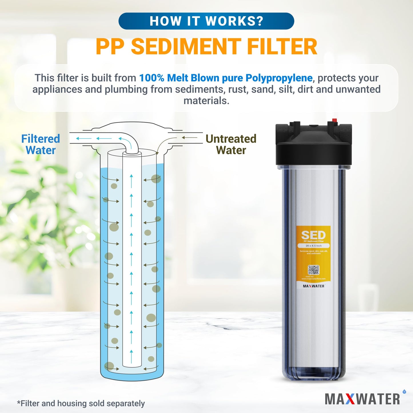 Max Water 20 x 4.5 Whole House Sediment Filter Cartridge 5 Micron Well Water Replacement Cartridge Compatible with DGD-5005-20, FP25B, AP810-2, 2-Pack