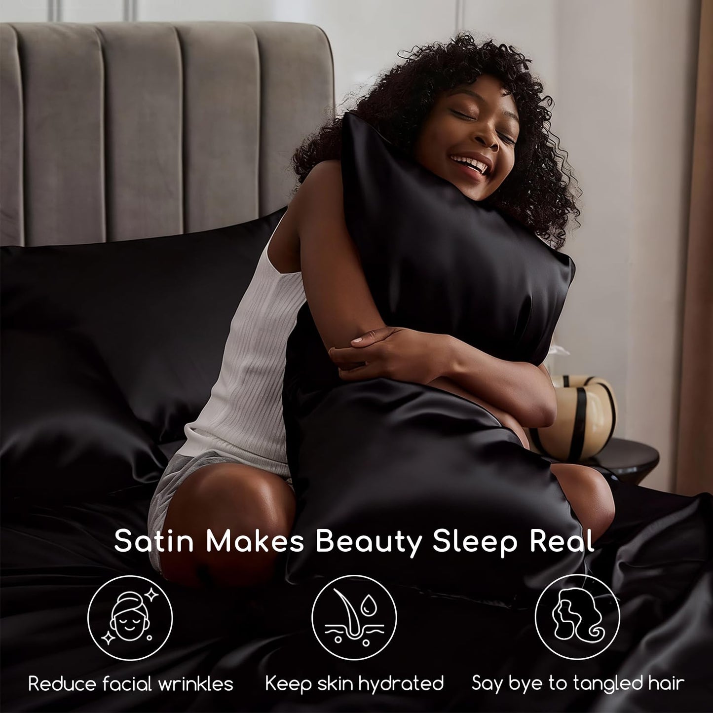MR&HM Satin Sheets King Size with Elastic Corner Straps, 4-Piece Silky Bedding Set, Deep Pocket 15 Inches, Good for Hair & Skin (King, Black)
