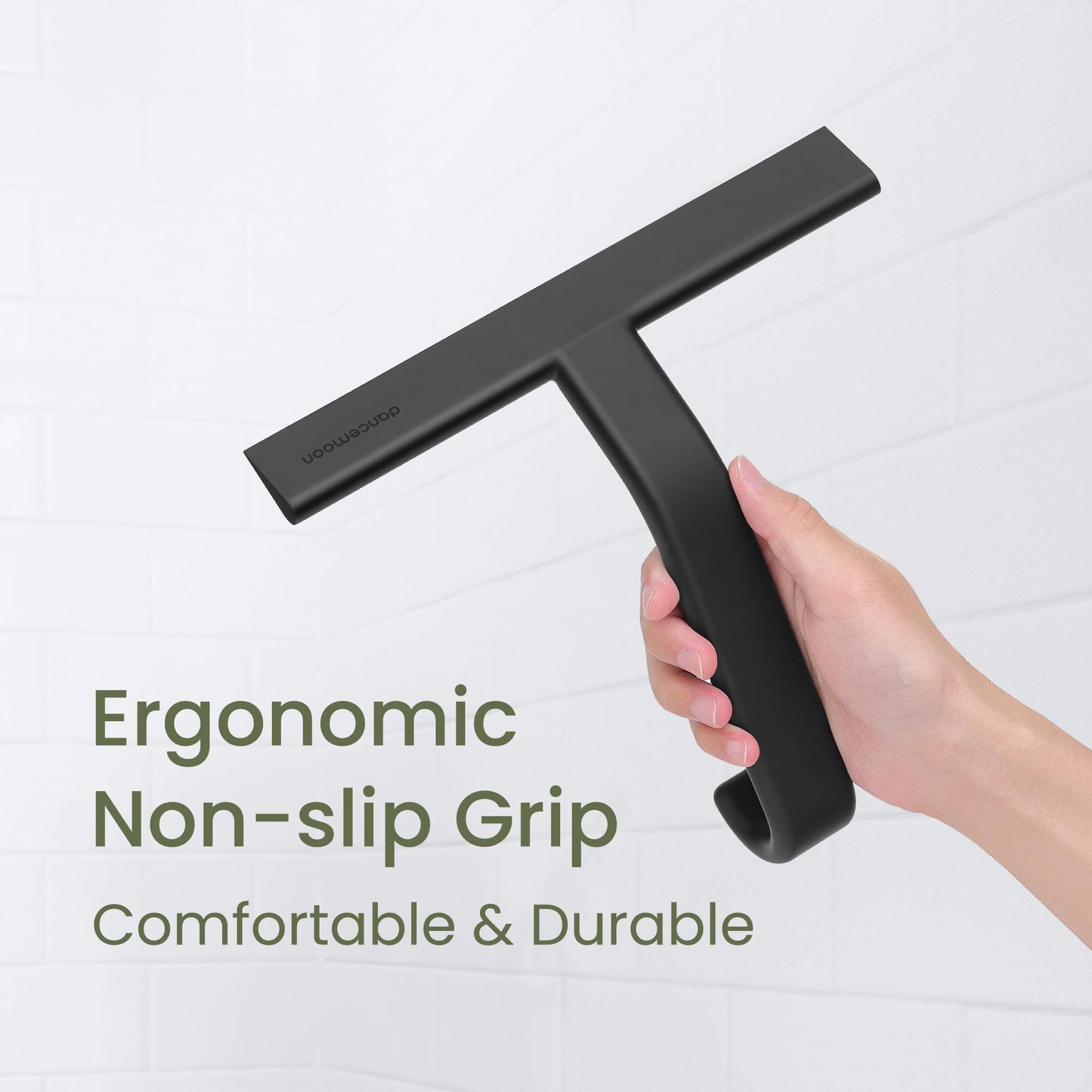 dancemoon JustHang Shower Squeegee for Glass Doors, All-One-Piece Silicone with Built-in Hook Design for Easy Hanging, Household Window Mirror Squeegee for Bathroom, Glass, Tile Wall,Car 10-Inch Black