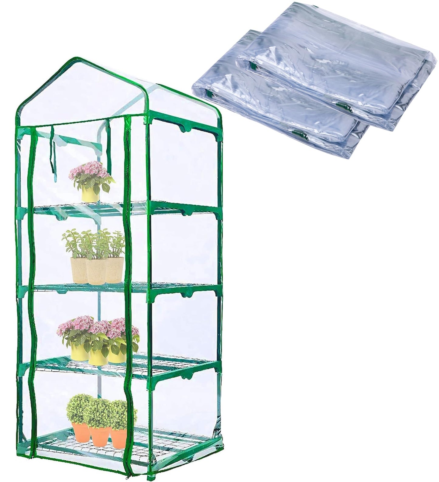 2 Pcs 4 Tier Greenhouse Replacement Cover- 27 x 19 x 63 Inch Clear PVC Plant Greenhouse Cover with Roll-Up Zipper Door for Gardening Plants Flowers (Frame Not Include)