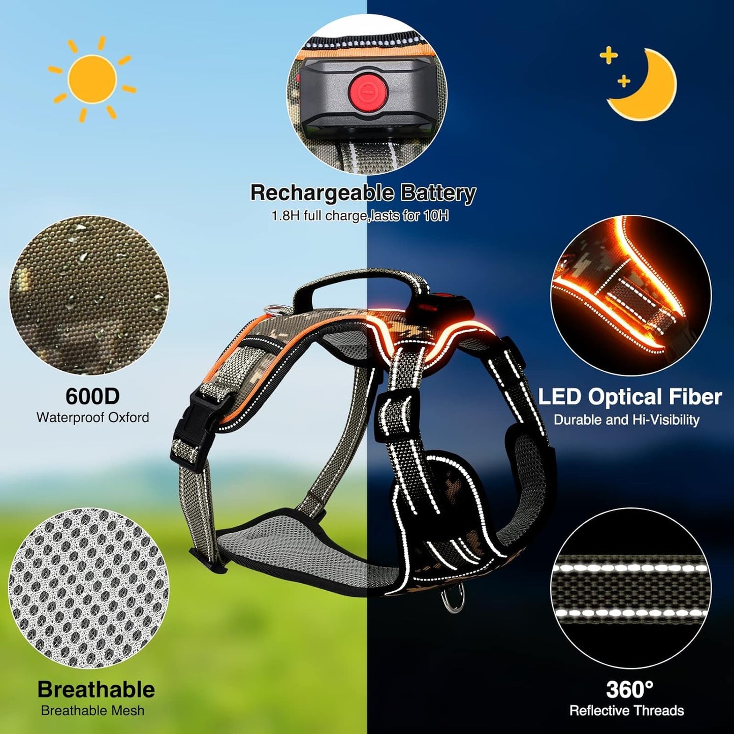 BiPawTi Light Up Dog Harness No Pull, LED Dog Harness Rechargeable/Reflective/4 Point Adjustable/High Visibility Lighted, Glowing Pet Vest Harness for Night Walking - Orange, XL