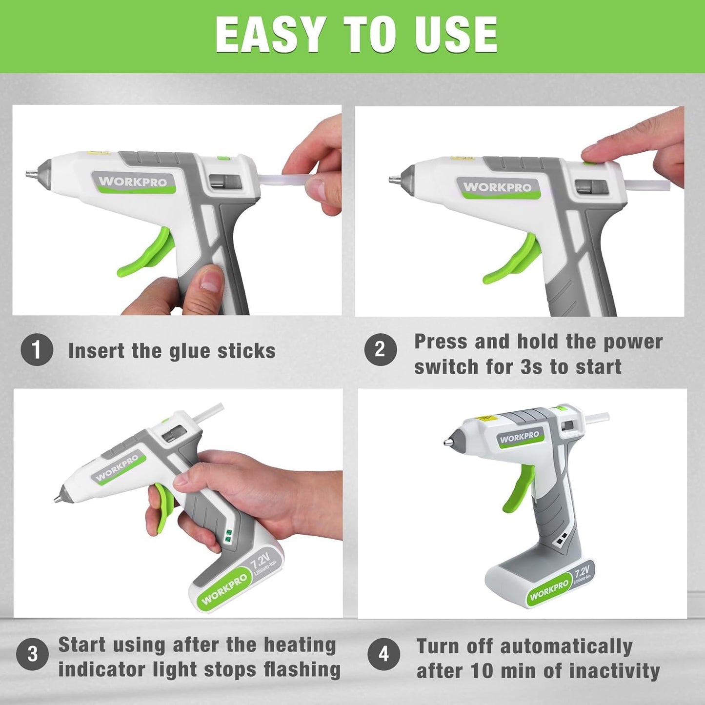 WORKPRO Cordless Hot Melt Glue Gun, 7.2V Rechargeable Fast Preheating Glue Gun Kit with 20 Pcs Premium Mini Glue Stick, Use While Charging, Automatic-Power-Off Glue Gun for Art, Craft, Decoration