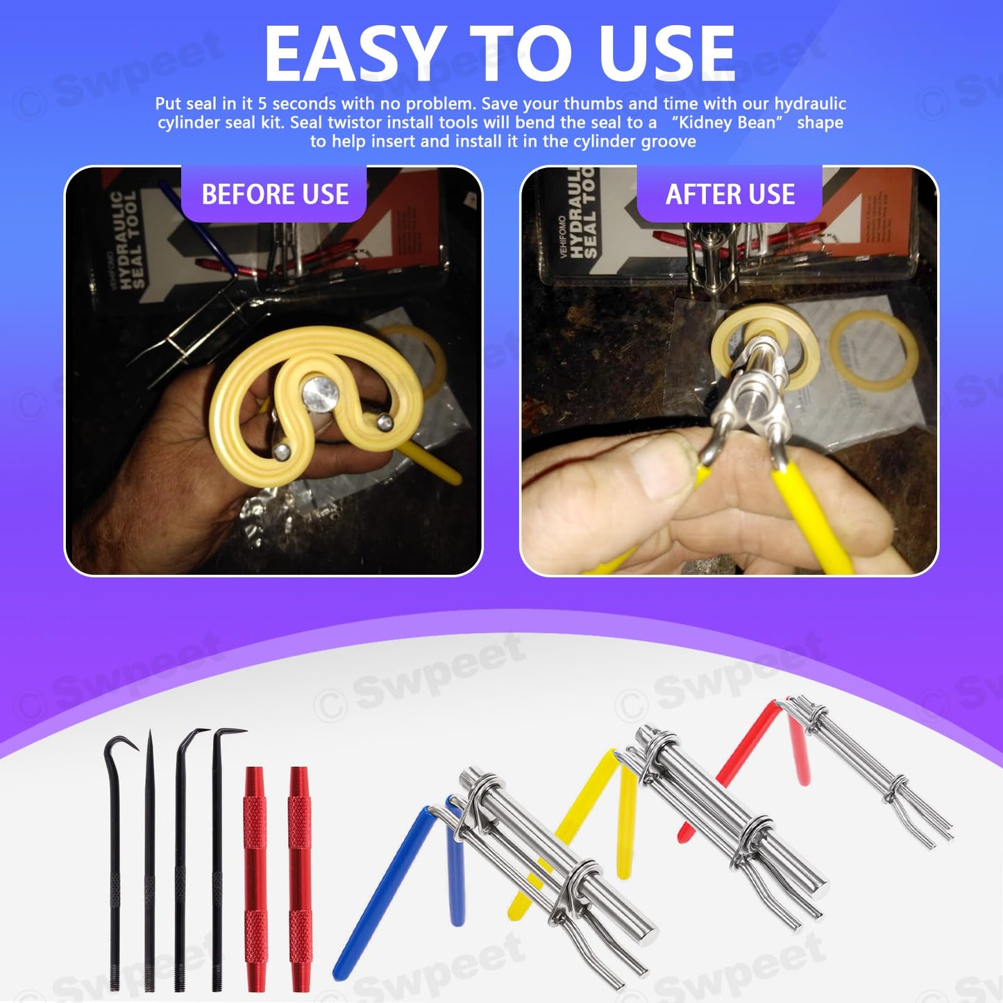 Swpeet 5Pcs Hydraulic Seal Installation Tool Hydraulic Cylinder Piston Repair Seal Tools U-Cup Rod Seal Twister Installation Tool with Pick and Hook Kit O-Rings Install Tool Set for Automotive（S/M/L）