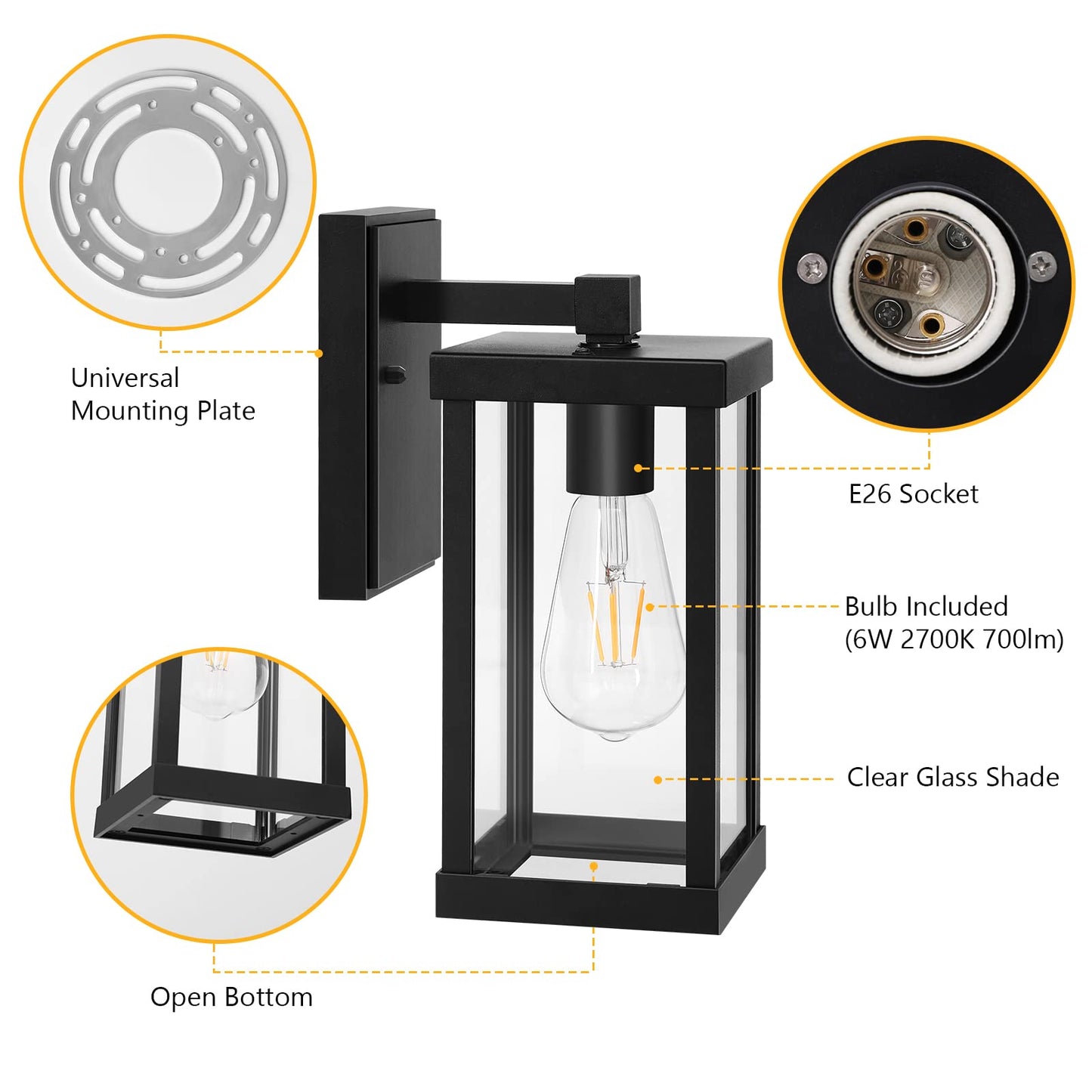 TOPKDA 2 Pack Outdoor Indoor Wall Light, Exterior Light Fixtures Wall Mount Anti-Rust & Waterproof, Black Wall Sconce with Clear Glass Shade, E26 Socket Wall Lantern for Garage, Doorway(Bulb Included)