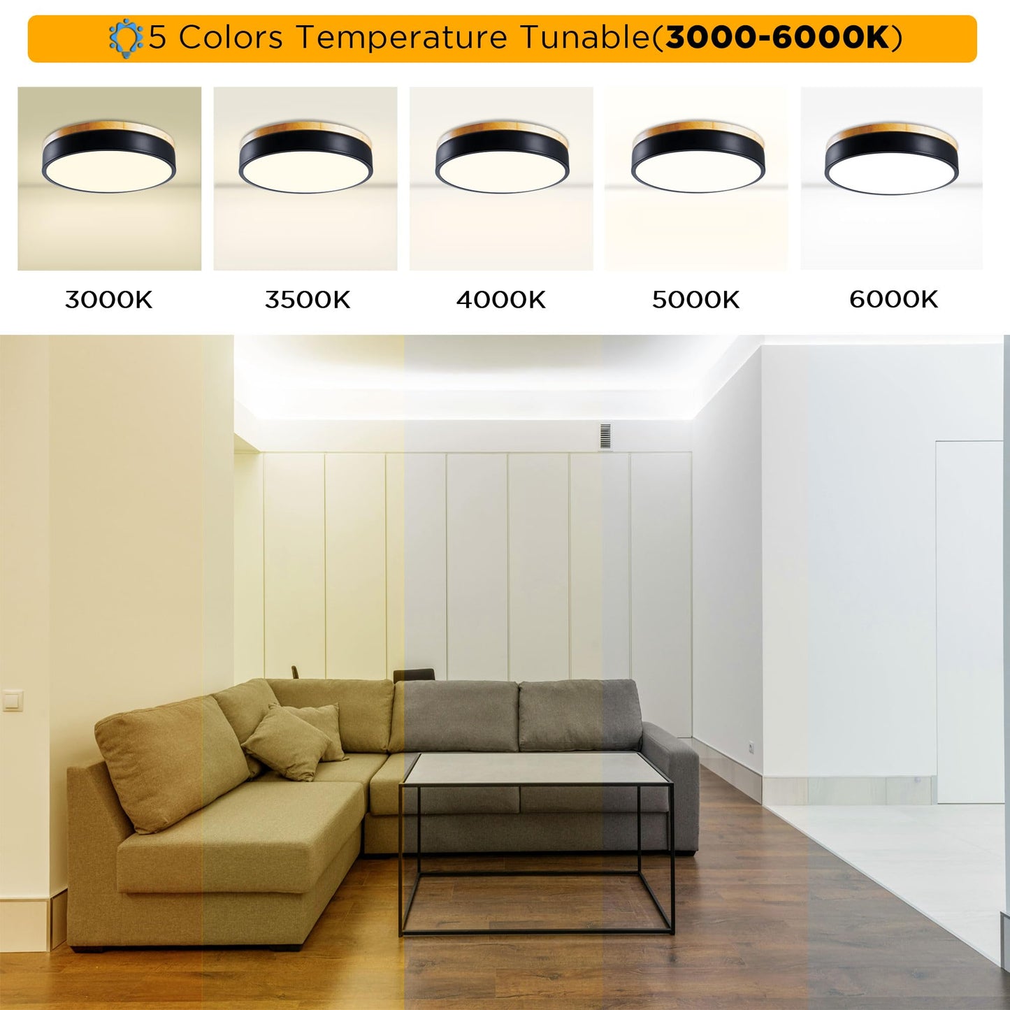 Geperll 12Inch Dimmable Wood LED Ceiling Light, 3000-6000K Tunable,Flush Mount Close to Ceiling Lighting 24W, Modern Fixture for Kitchen, Bedroom, Hallway