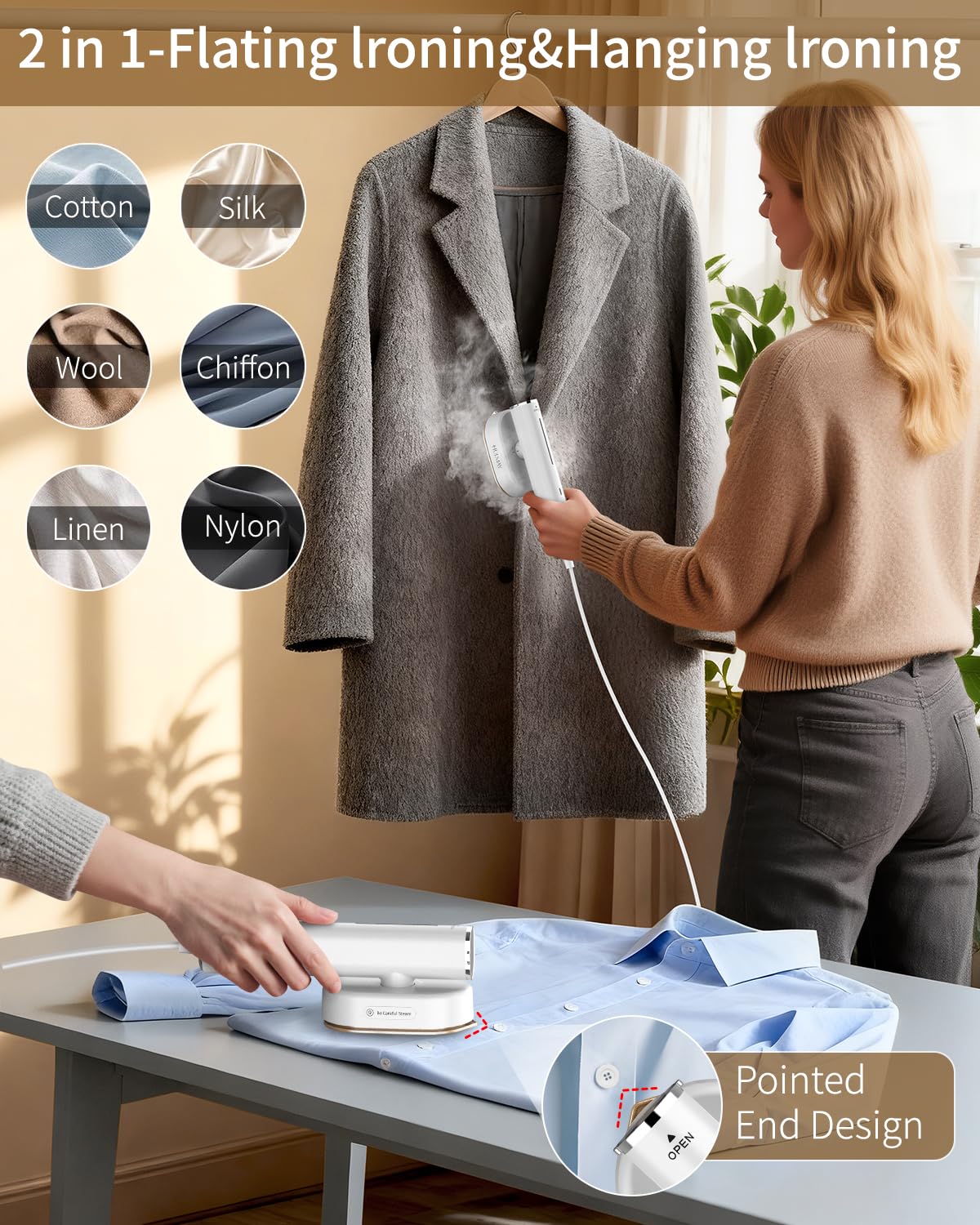 Hulmay Steamer Clothes, 1200W Clothes Steamer, Steam Iron 2-in-1, Portable Handheld Steamer for Travel 10s Heat-Up, Travel Size Clothing Steamer and Garment Steamer for Home, Office -White, 110-120V