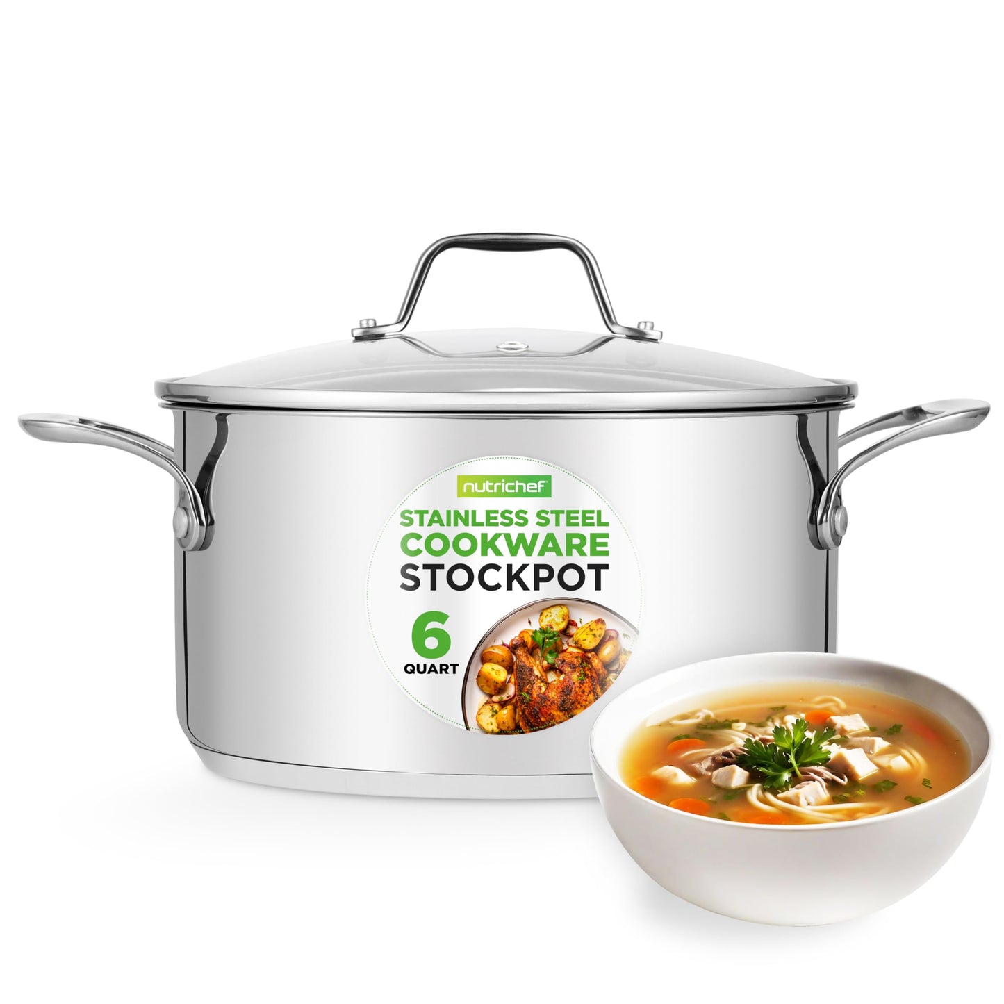 NutriChef 6-Quart Stainless Steel Stockpot – 18/8 Food Grade Heavy-Duty Induction-Compatible Pot with See-Through Lid, Ideal for Stews, Broths, Simmering & Soups, Dishwasher Safe