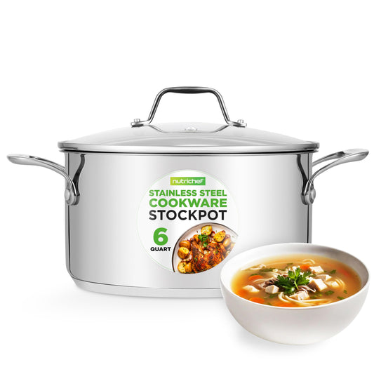 NutriChef 6-Quart Stainless Steel Stockpot – 18/8 Food Grade Heavy-Duty Induction-Compatible Pot with See-Through Lid, Ideal for Stews, Broths, Simmering & Soups, Dishwasher Safe
