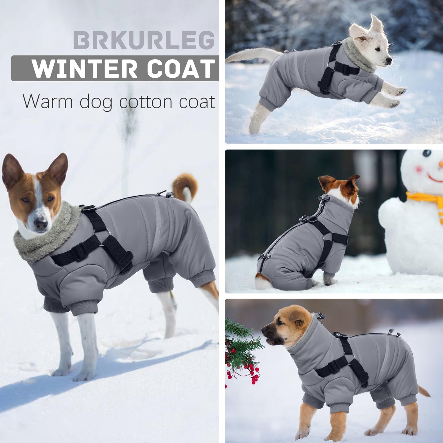BRKURLEG Grey Dog Winter Coat, Cozy Winter Dog Jackets, Small Dogs Coat with Harness, Onesie Body Warm Puppy Jacket, Pet Reflective Windproof Cold Weather Jackets, Puppy Four-Legged Puffer Coats, S