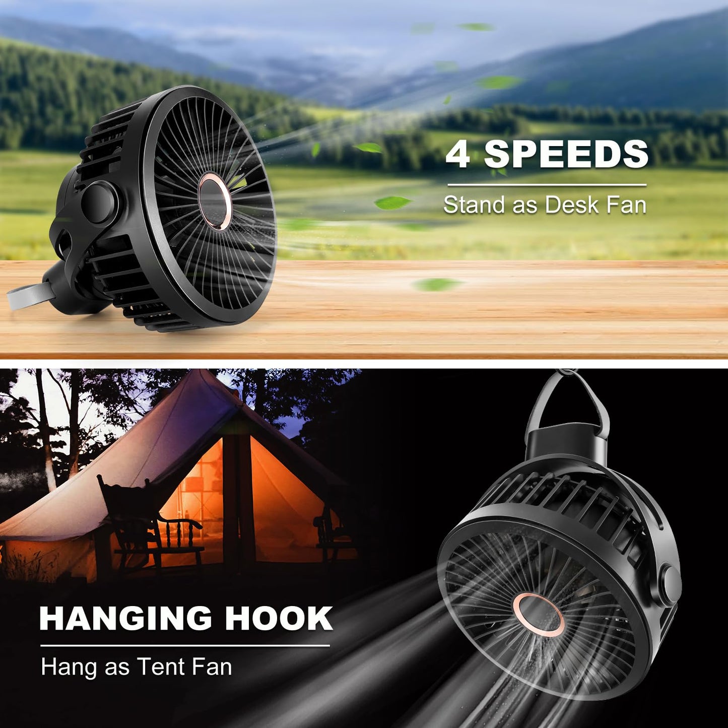 Odoland 2 Packs 10000mAh Camping Fan with Hanging Hook, Rechargeable Outdoor Small Tent Fan, Portable Quiet Battery Powered Operated USB Desk Fan for Camping, Hiking, Picnic and Travel