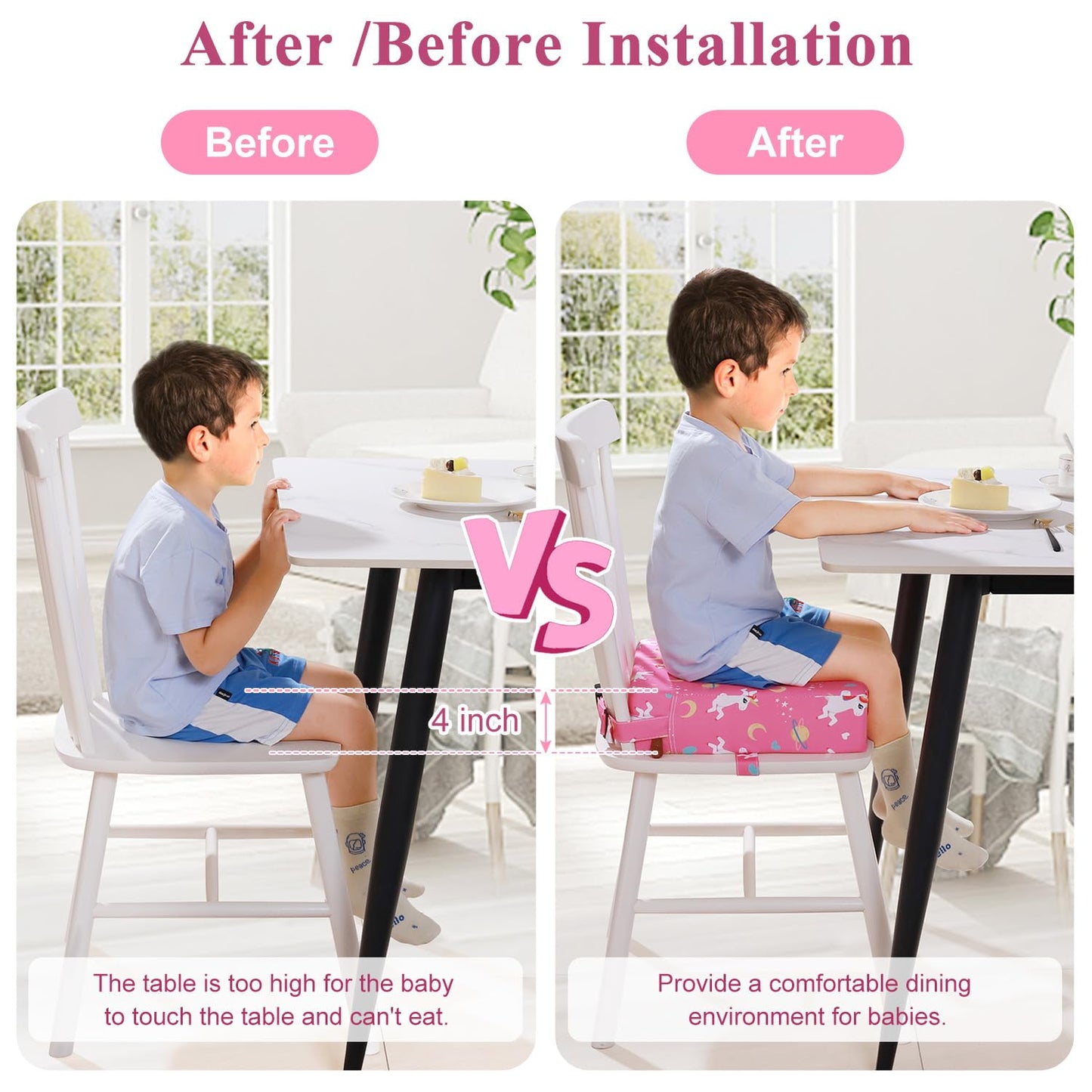 YONTINY Booster Seat for Eating Toddler, Washable PU Kitchen Chair Booster Seat with Double Adjustable Safe Straps, Non-Slip Bottom, Baby Portable Travel Camping Increasing Cushion