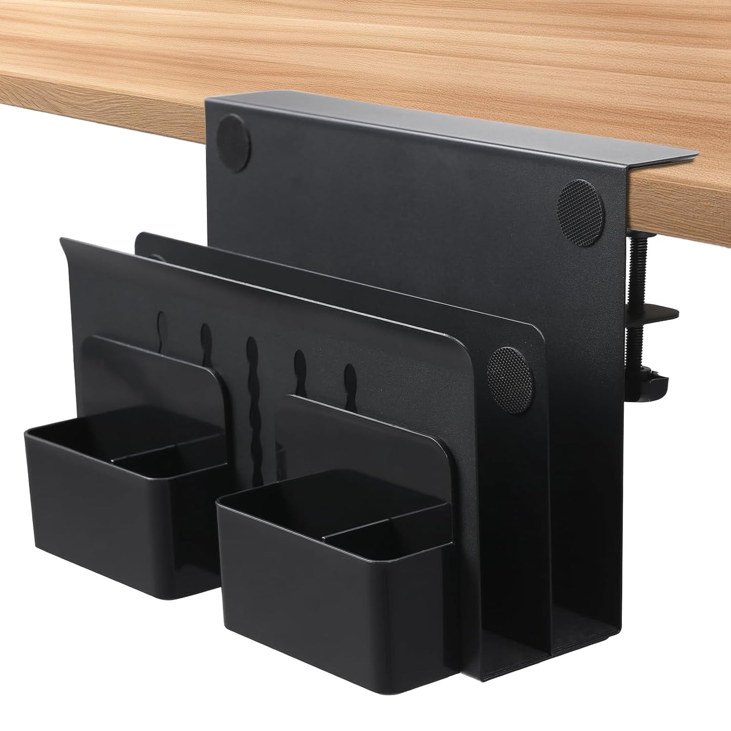 Desk Side Storage, Under Desk Laptop Mount, Table Side Hanging File Organizer Laptop Holder, No Drill Clamp On Cable Management Tray with 2 Magnetic Pen Holder for Office and Home, Load 22 Lbs