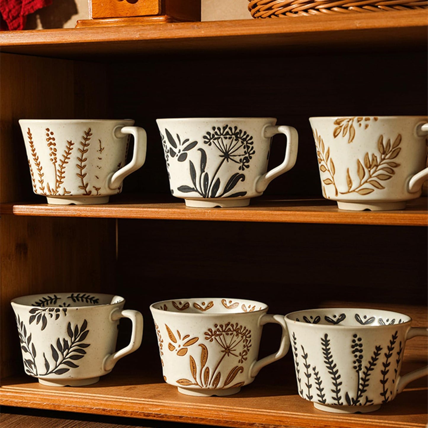 Swuut 12oz Vintage Ceramic Coffee Mug Set of 4 - Handmade Rustic Pottery Countryside Coffee Mugs with Handle,Fall Winter Latte,Espresso Cappuccino,Cocoa,Tea Cups, Dishwasher Microwave Safe(Plants)