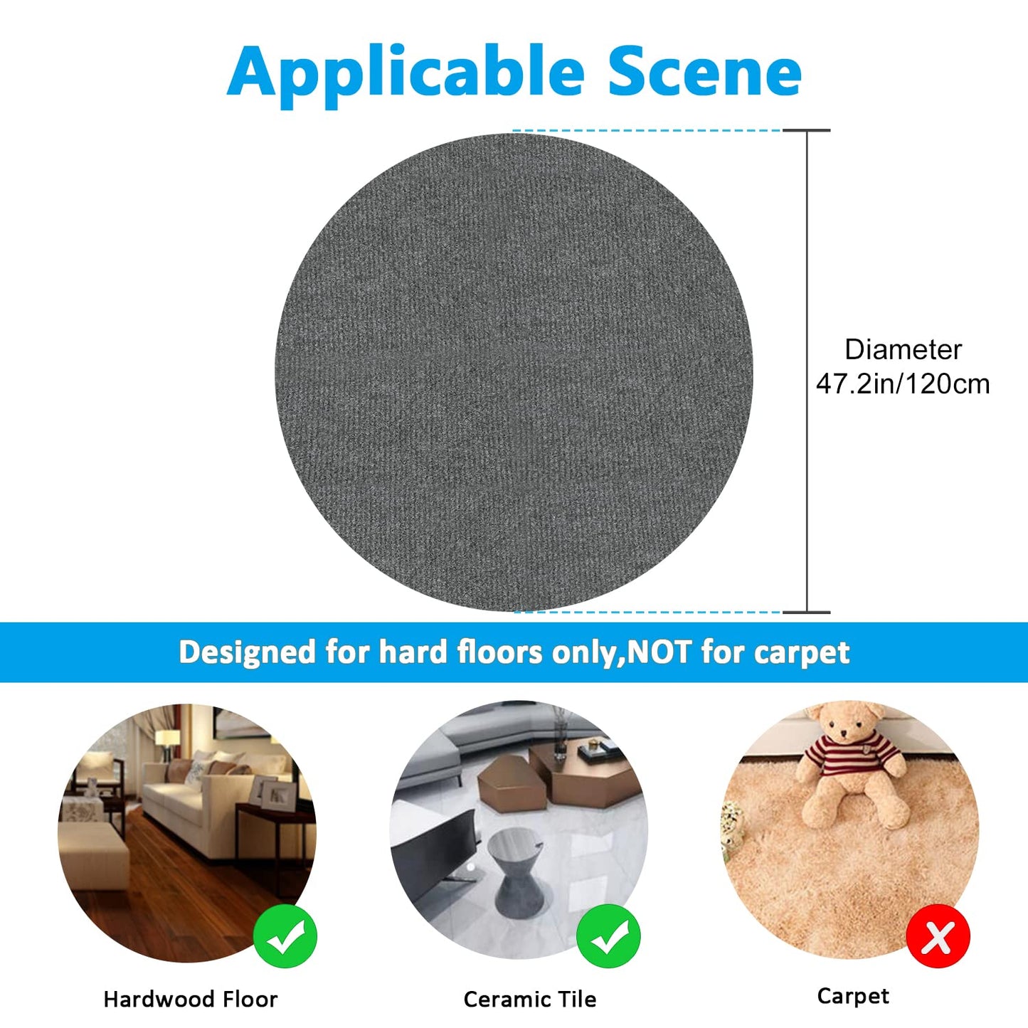 Chair Mat for Hardwood Floor 47.2" Round Office Chair Mat Computer Gaming Chair Mat Floor Anti Slip Mat Low-Profile Desk Chair Pad Carpet Hard Floor Protector Rug Cushion for Home Office (Dark Grey)