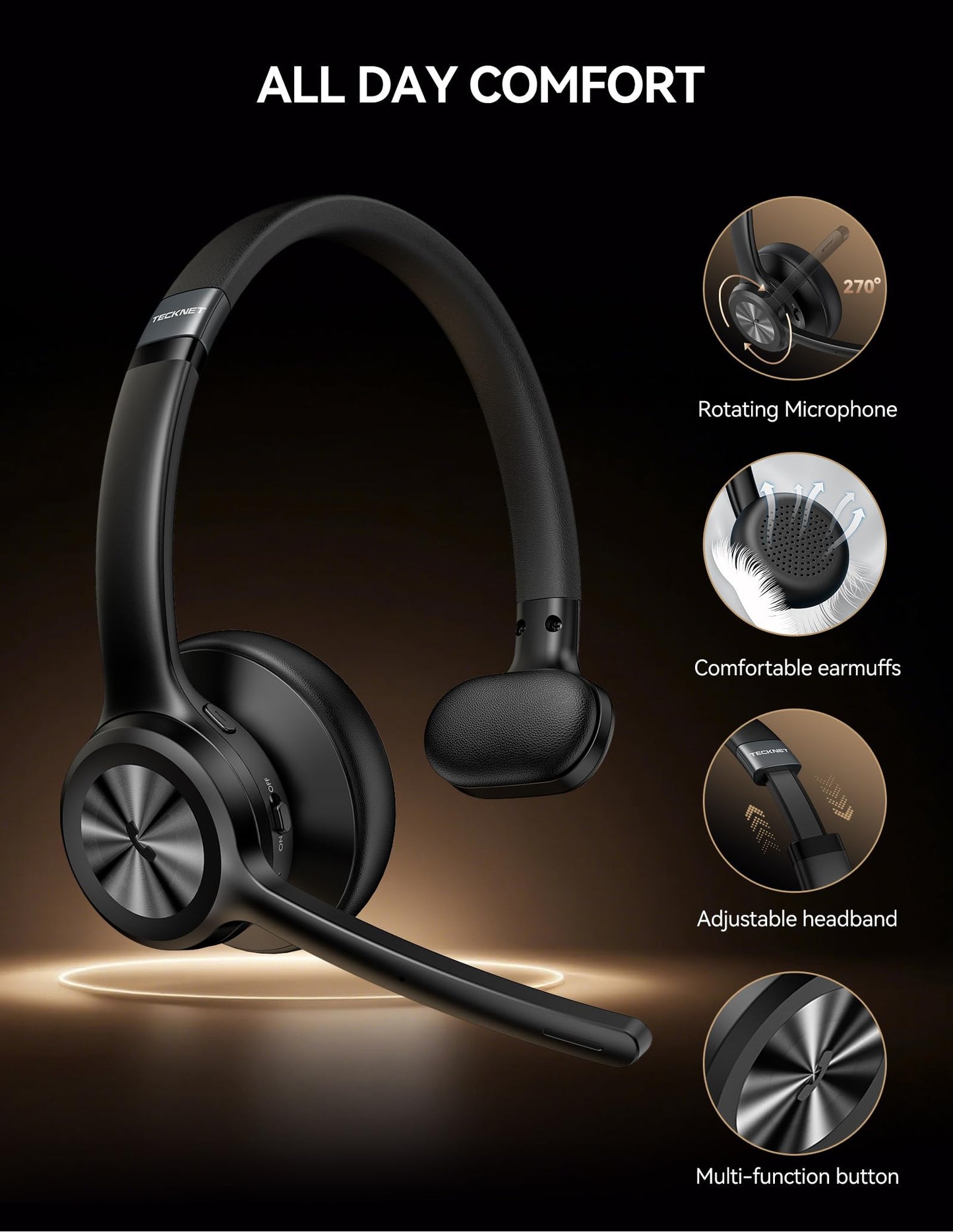 TECKNET Wireless Headset with Microphone - V6.0 Bluetooth Trucker Headset with Noise Cancelling Microphone and Mute Button, 60H Working Time, On-Ear Bluetooth Headphones for Call Center/Office/Drivers