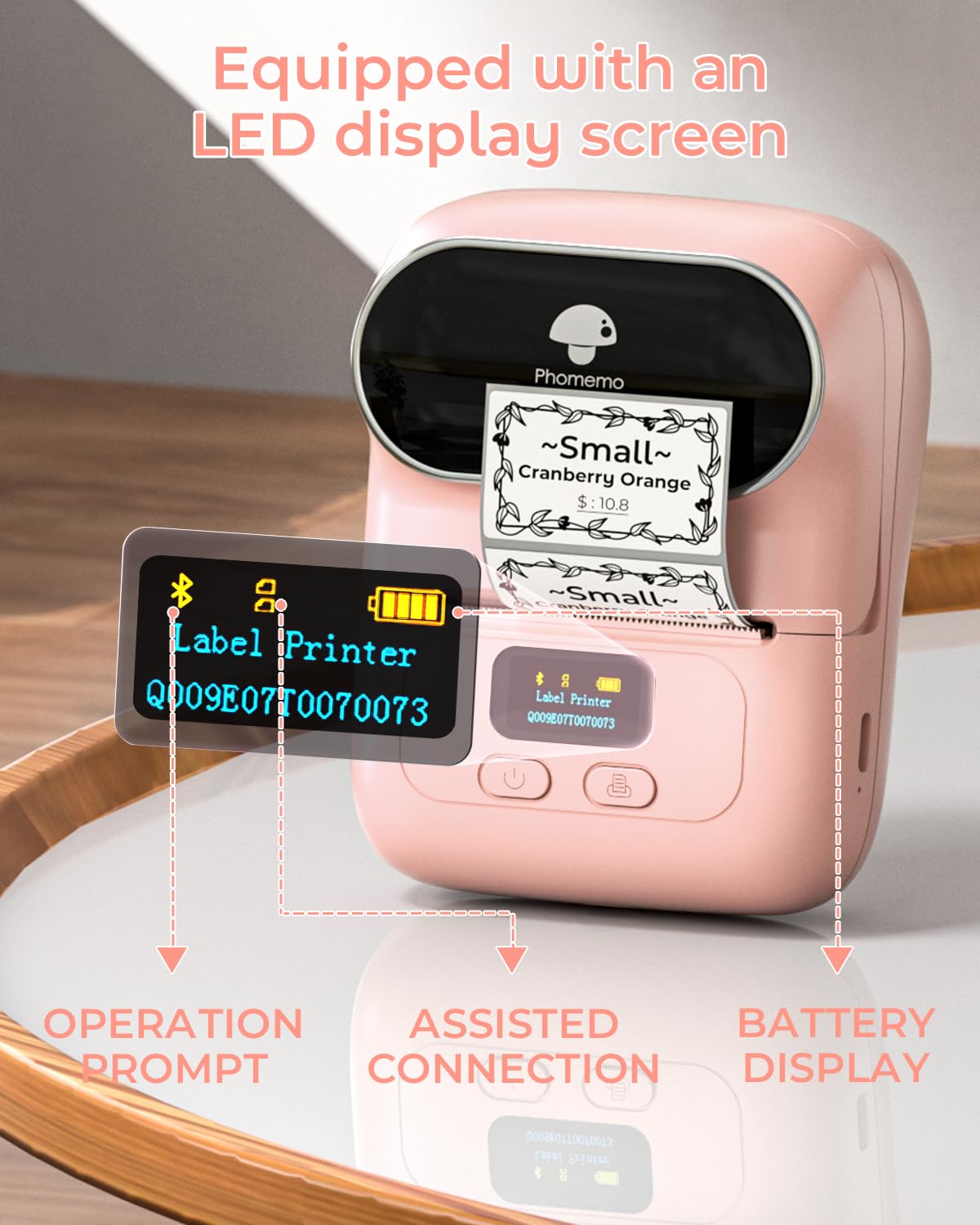 Phomemo M110 Label Maker- Portable Mini Bluetooth Thermal Label Printer Apply to Labeling, Office, Cable, Retail, Barcode and More, Compatible with Android & iOS System, with 1 40×30mm Label, Pink