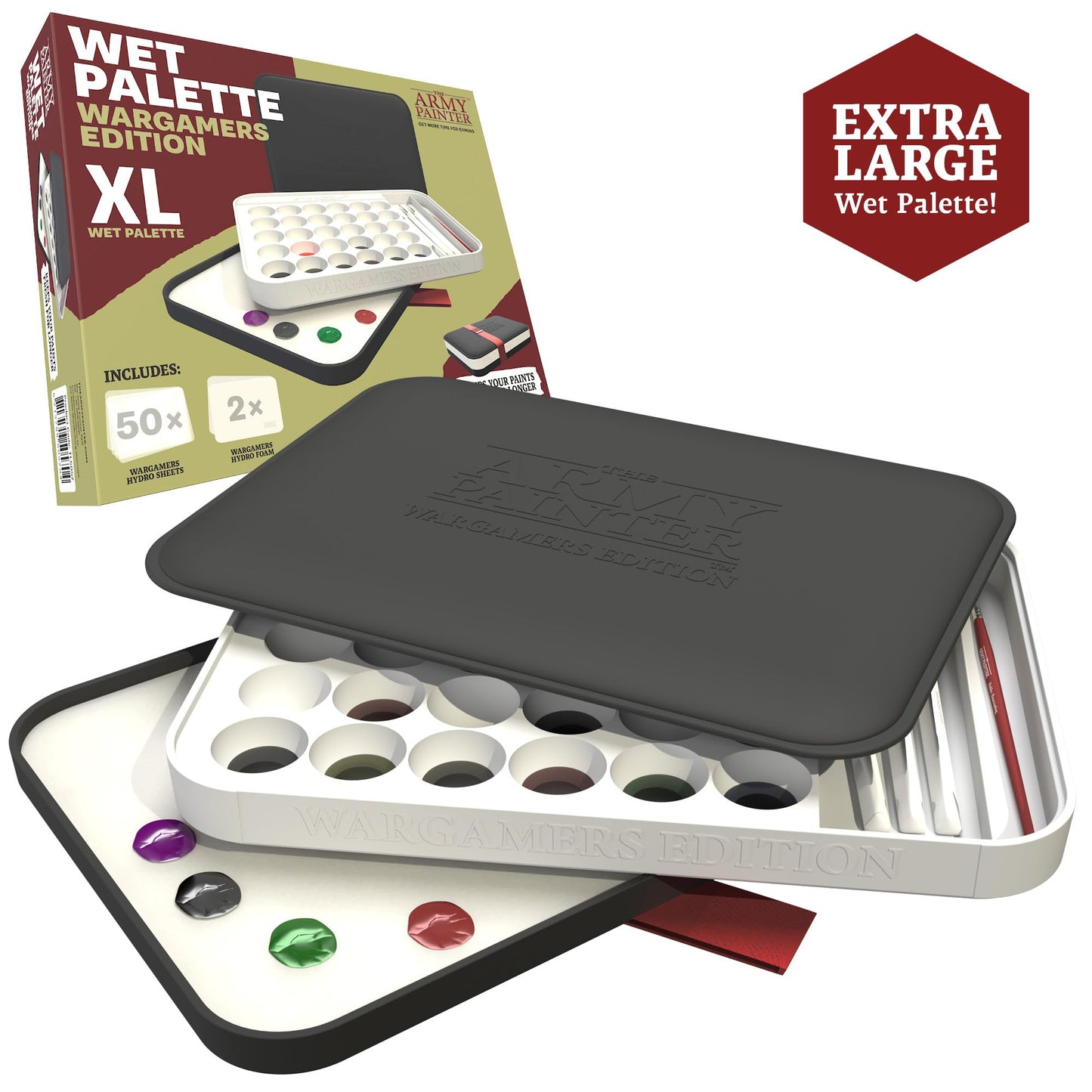 The Army Painter Wargamers Edition Wet Palette, XL Palette for Acrylic Paints Set Including 50 Hydro Sheets, 2 Hydro Foams and Free Painting Guide, for Miniature Painting